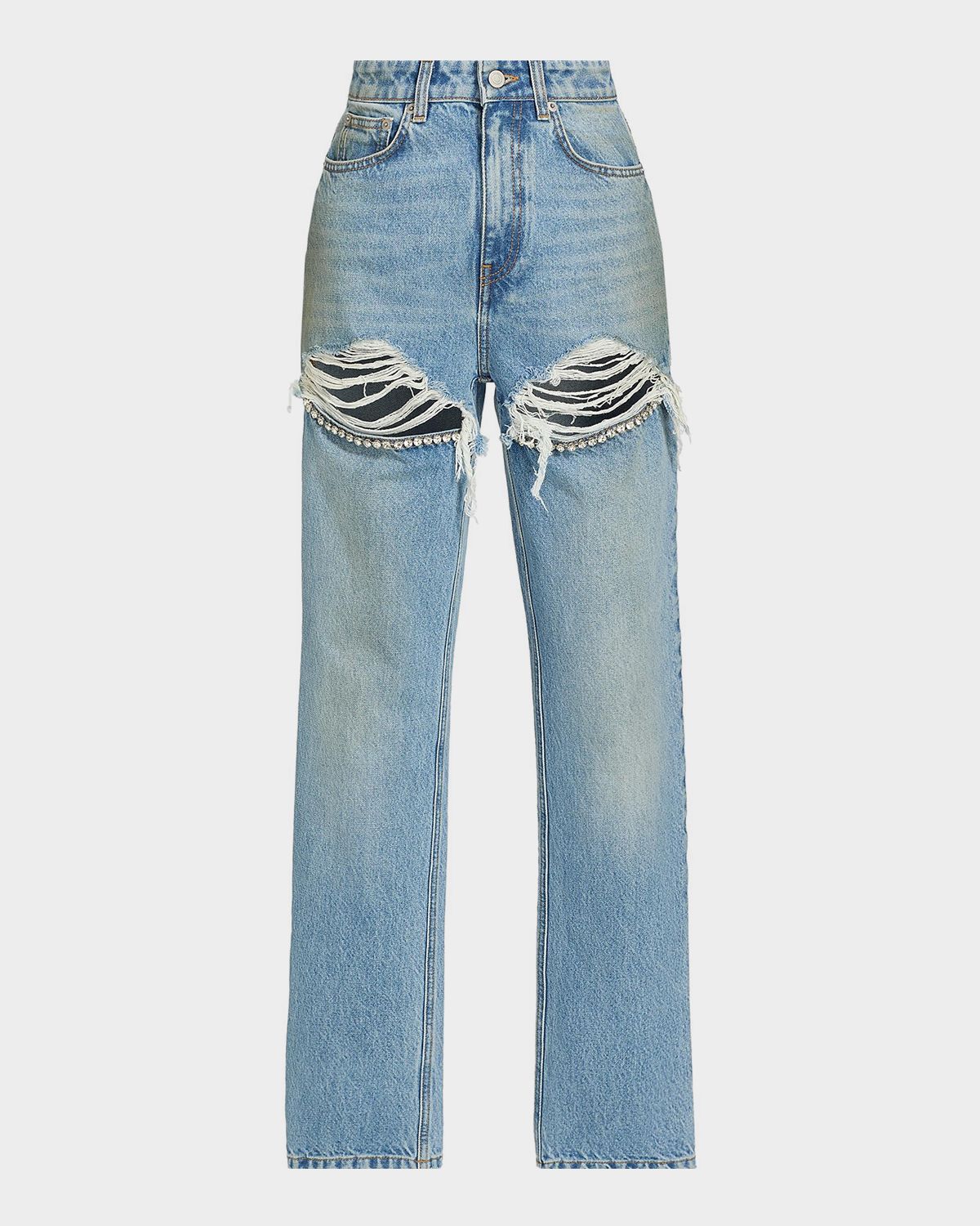 AREA Crystal Frayed Slit Barrel-Leg Jeans