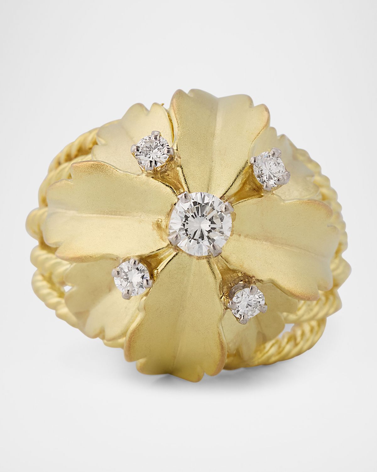 NM Estate Estate 14K Yellow Gold Diamond Floral Leaf Rope Shank Ring, Size 6.5