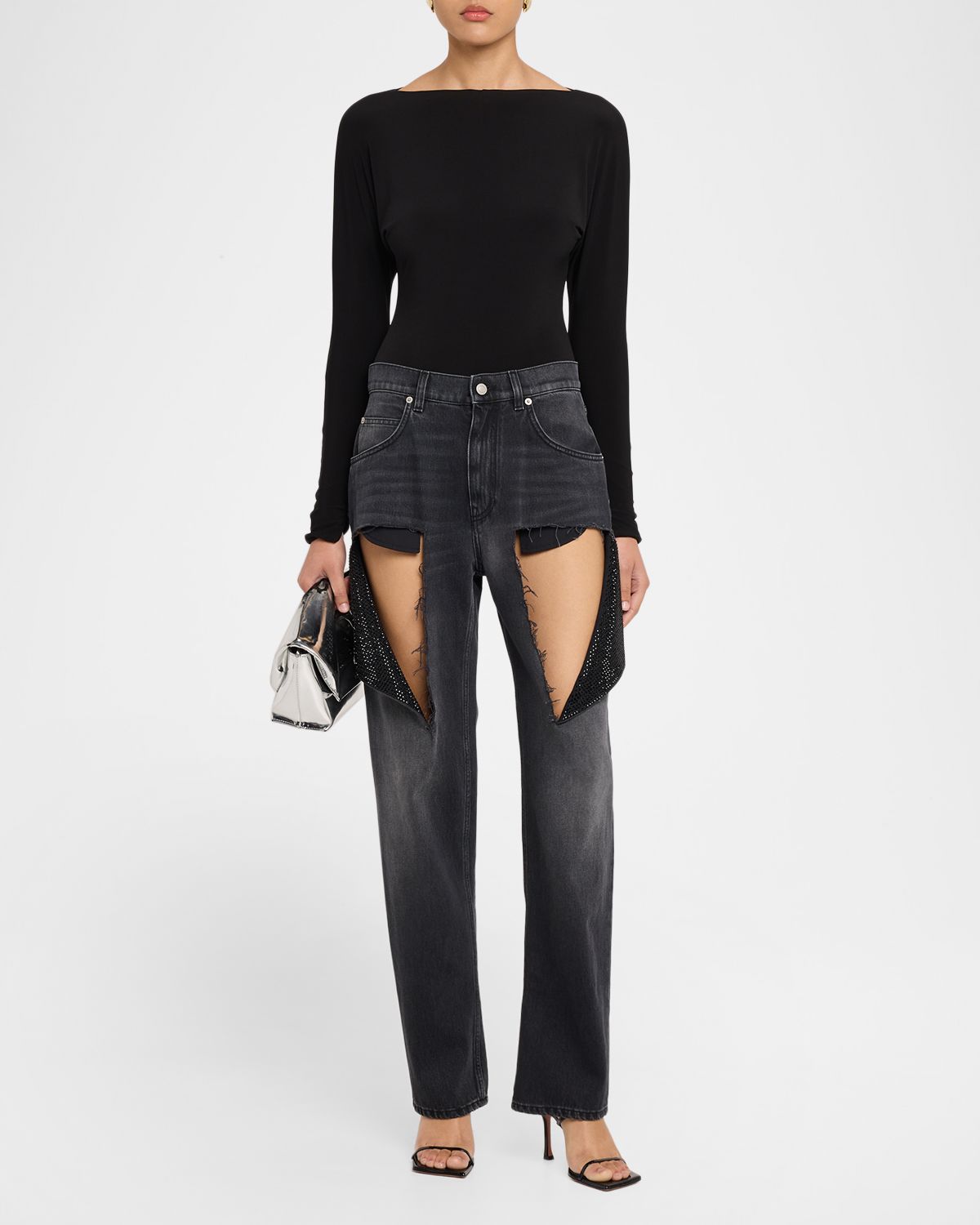 AREA Hotfix Thigh Slash Straight-Leg Jeans