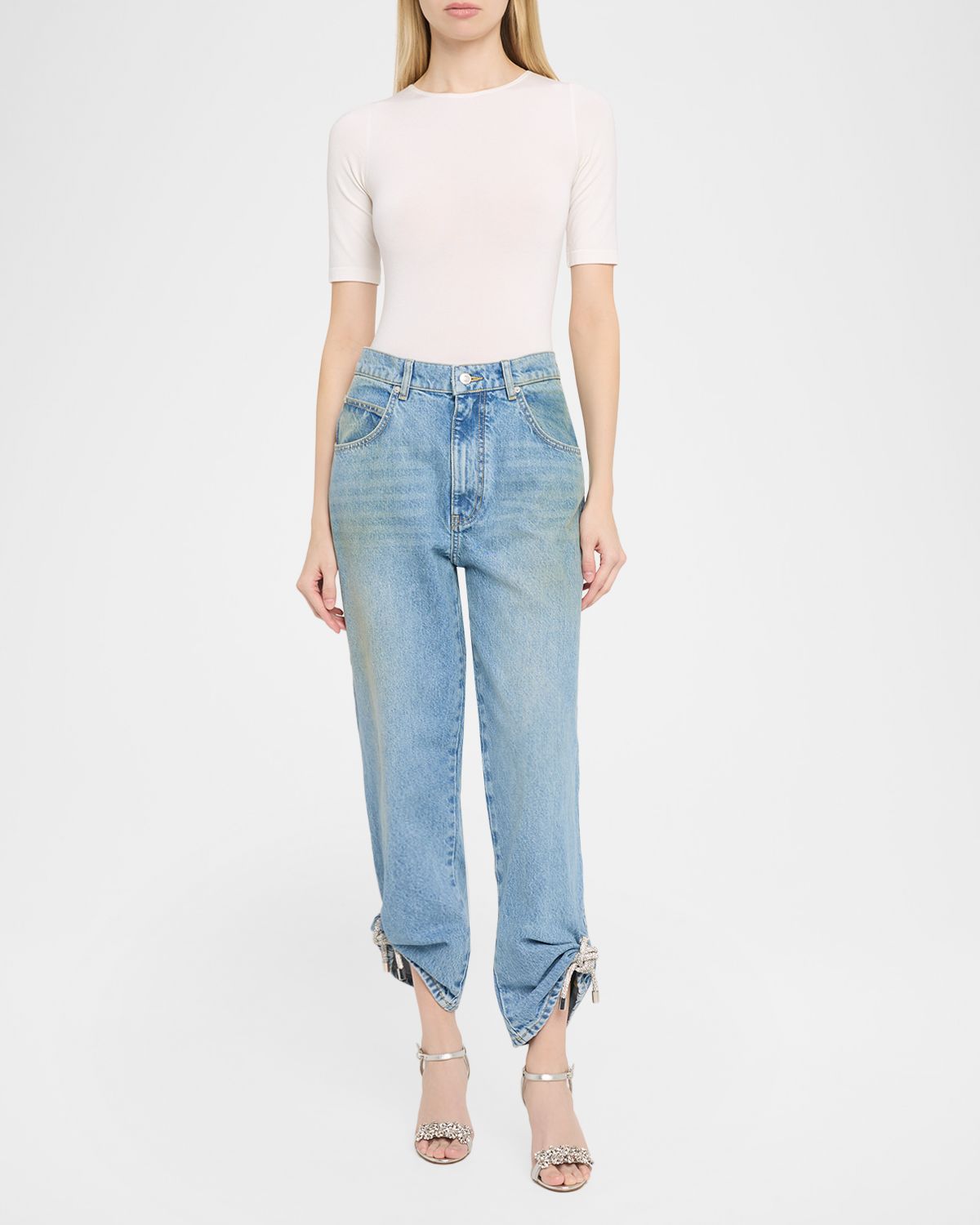 AREA Crystal Knot Straight-Leg Ankle Jeans