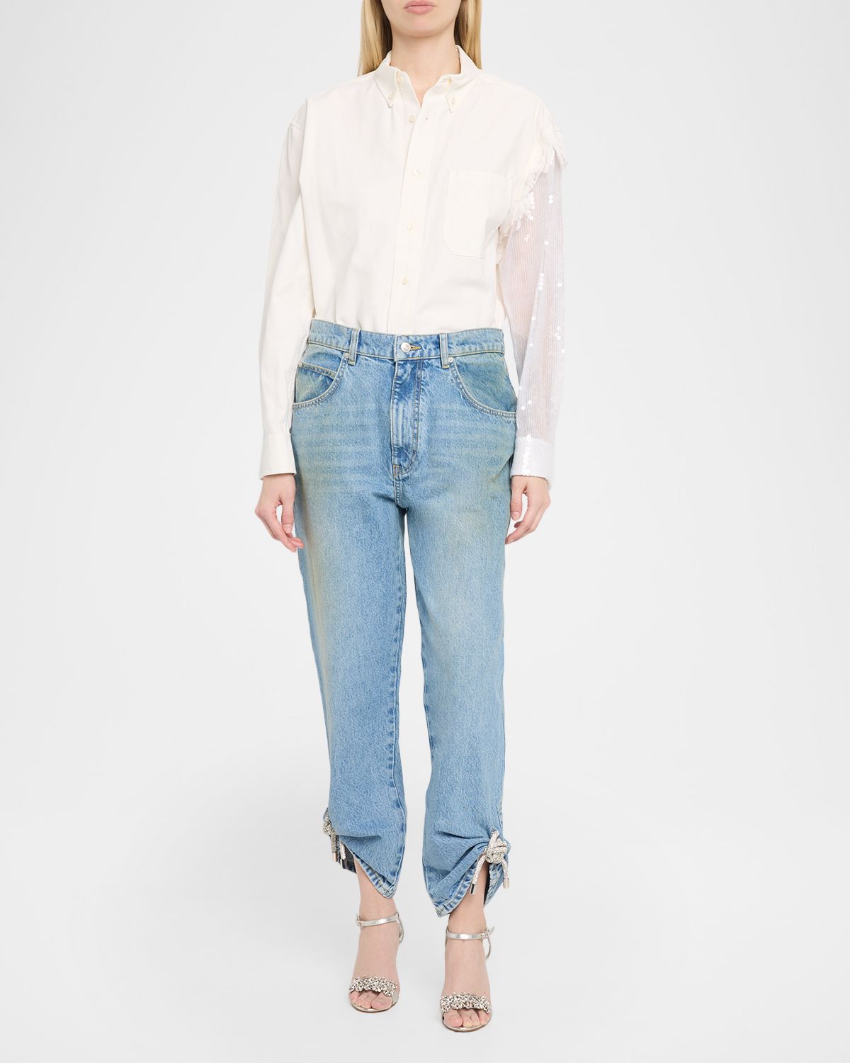 AREA Deconstructed Sequined Sleeve Button-Down Shirt