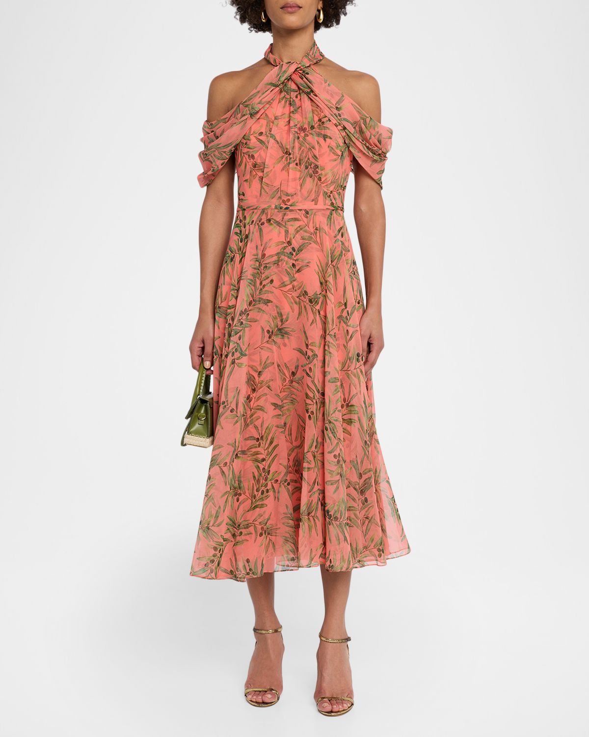 Carolina Herrera Olive Branch Silk Chiffon Draped Halter Midi Dress