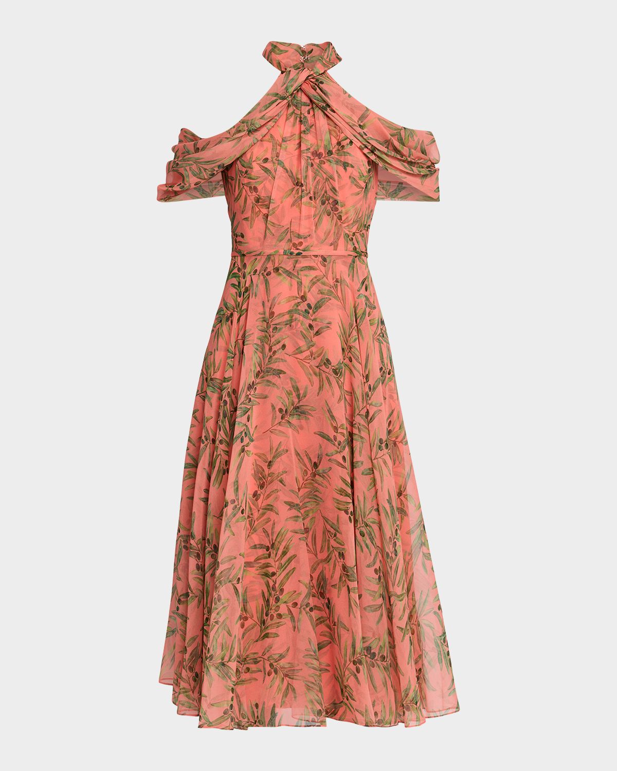 Carolina Herrera Olive Branch Silk Chiffon Draped Halter Midi Dress
