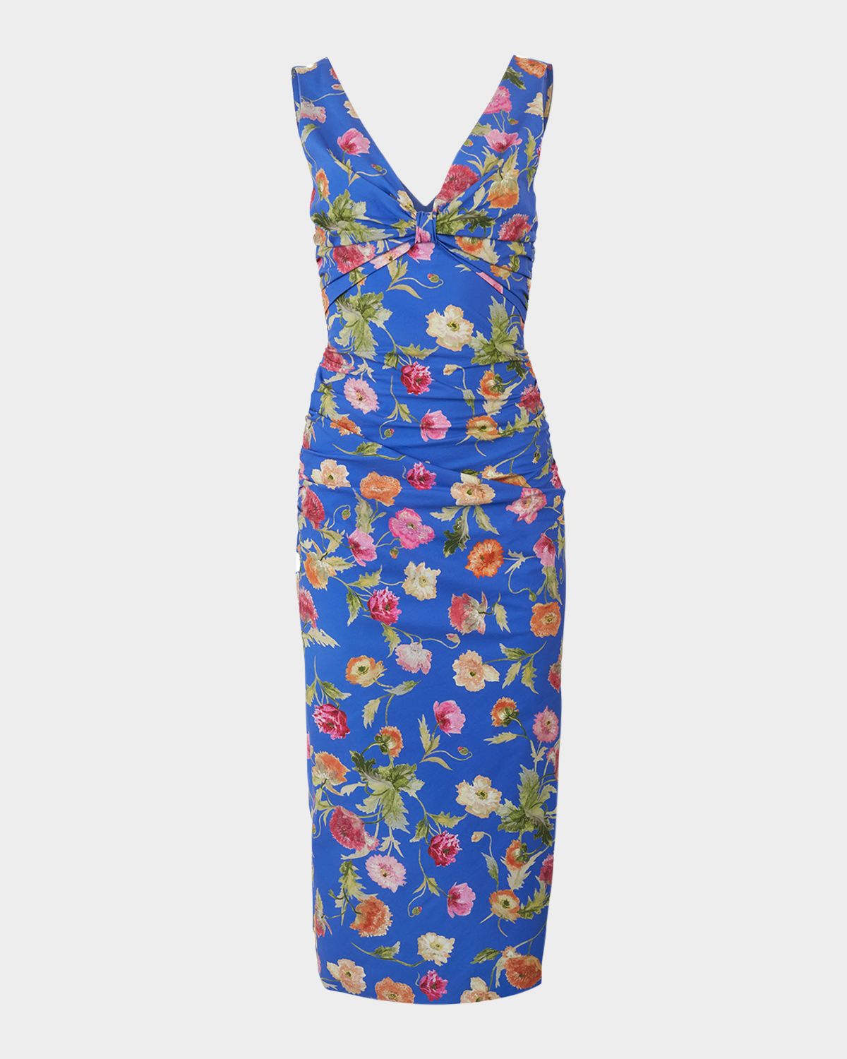 Carolina Herrera Floral-Print Gathered Cotton Sleeveless Midi Dress