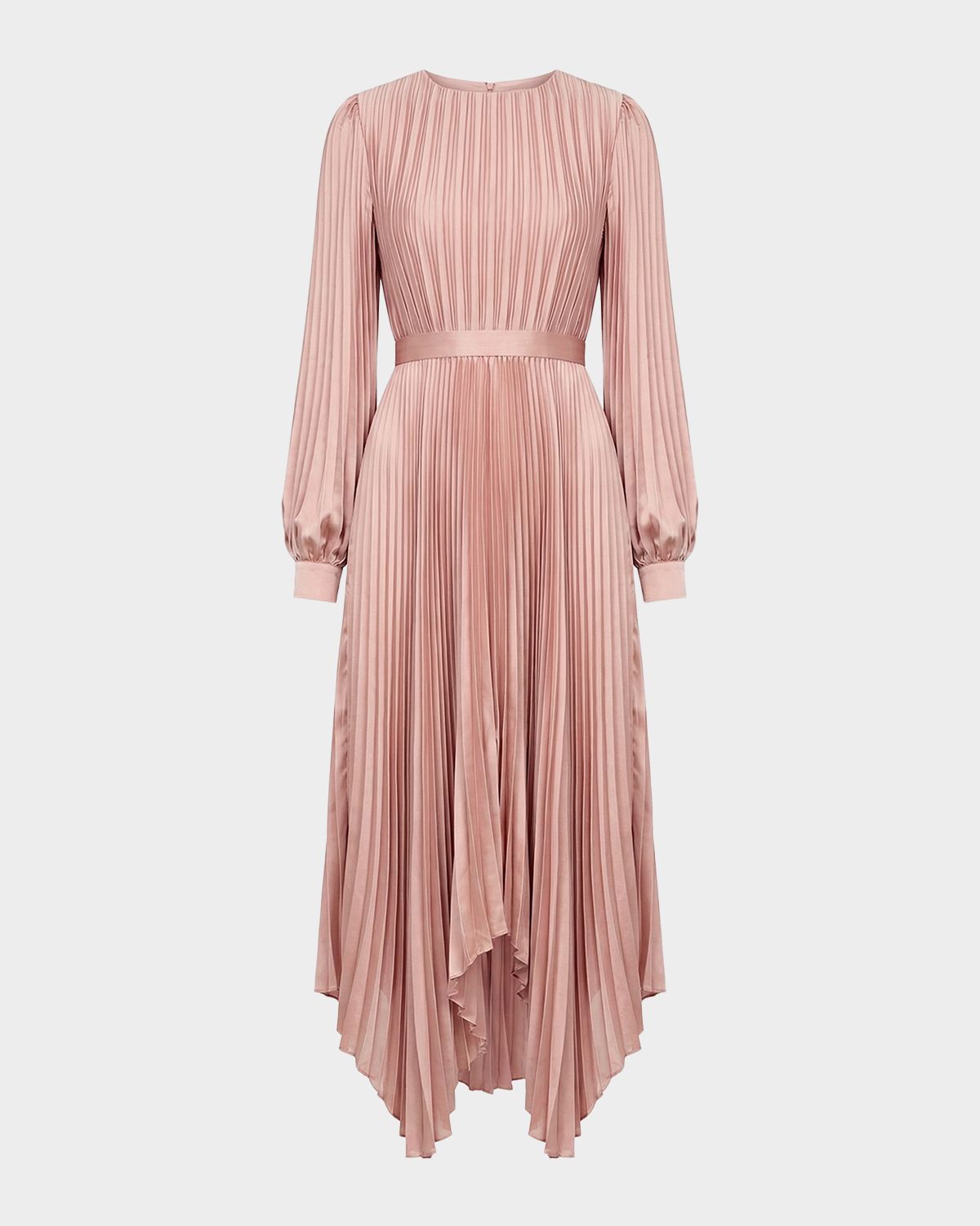 Mac Duggal Pleated Satin Handkerchief Midi Dress