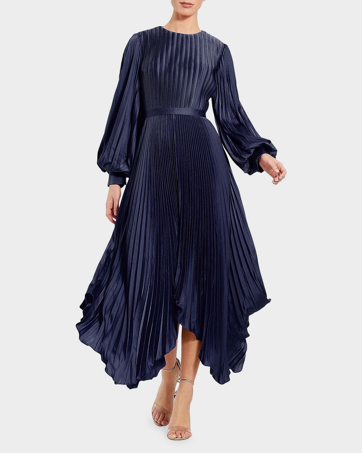 Mac Duggal Pleated Satin Handkerchief Midi Dress
