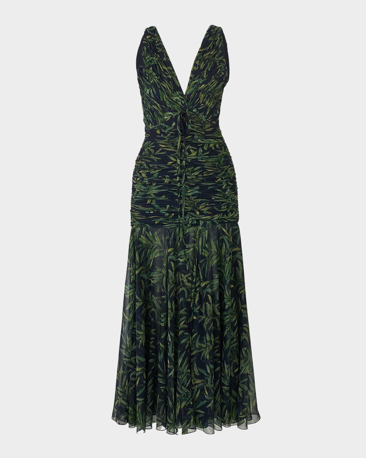 Carolina Herrera Olive-Print Ruched V-Neck Maxi Dress