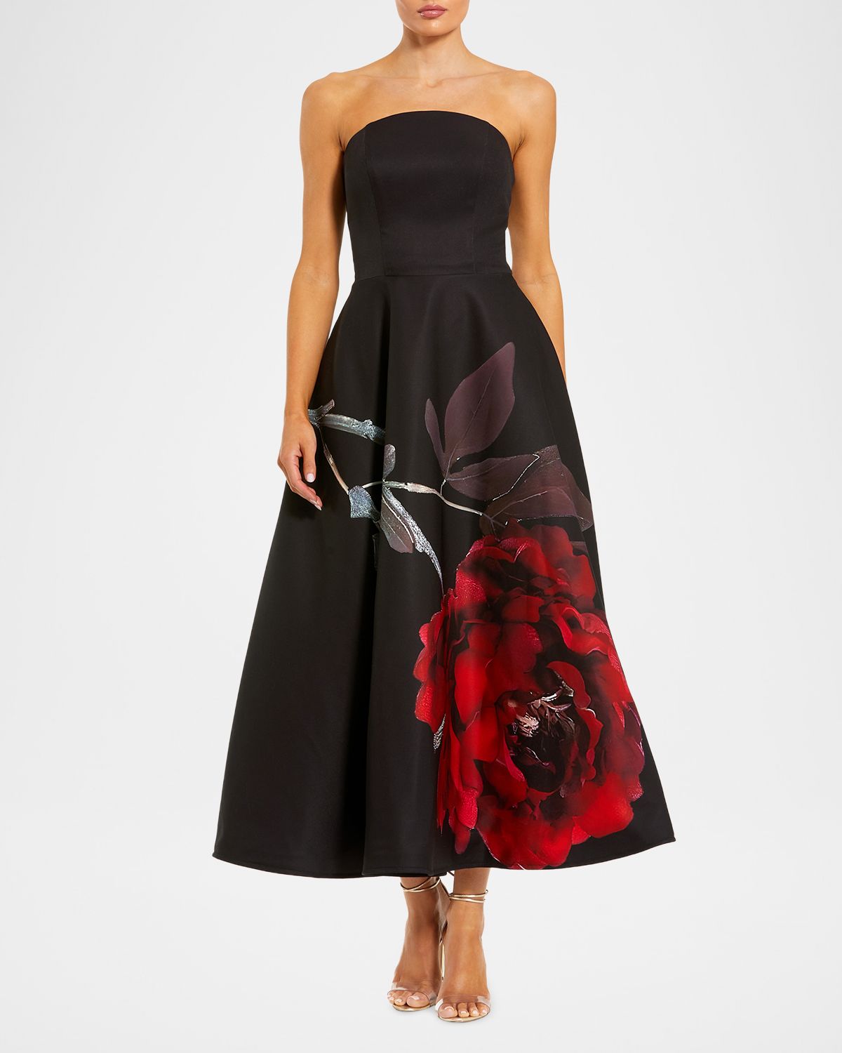 Mac Duggal Strapless Floral-Print Satin Midi Dress