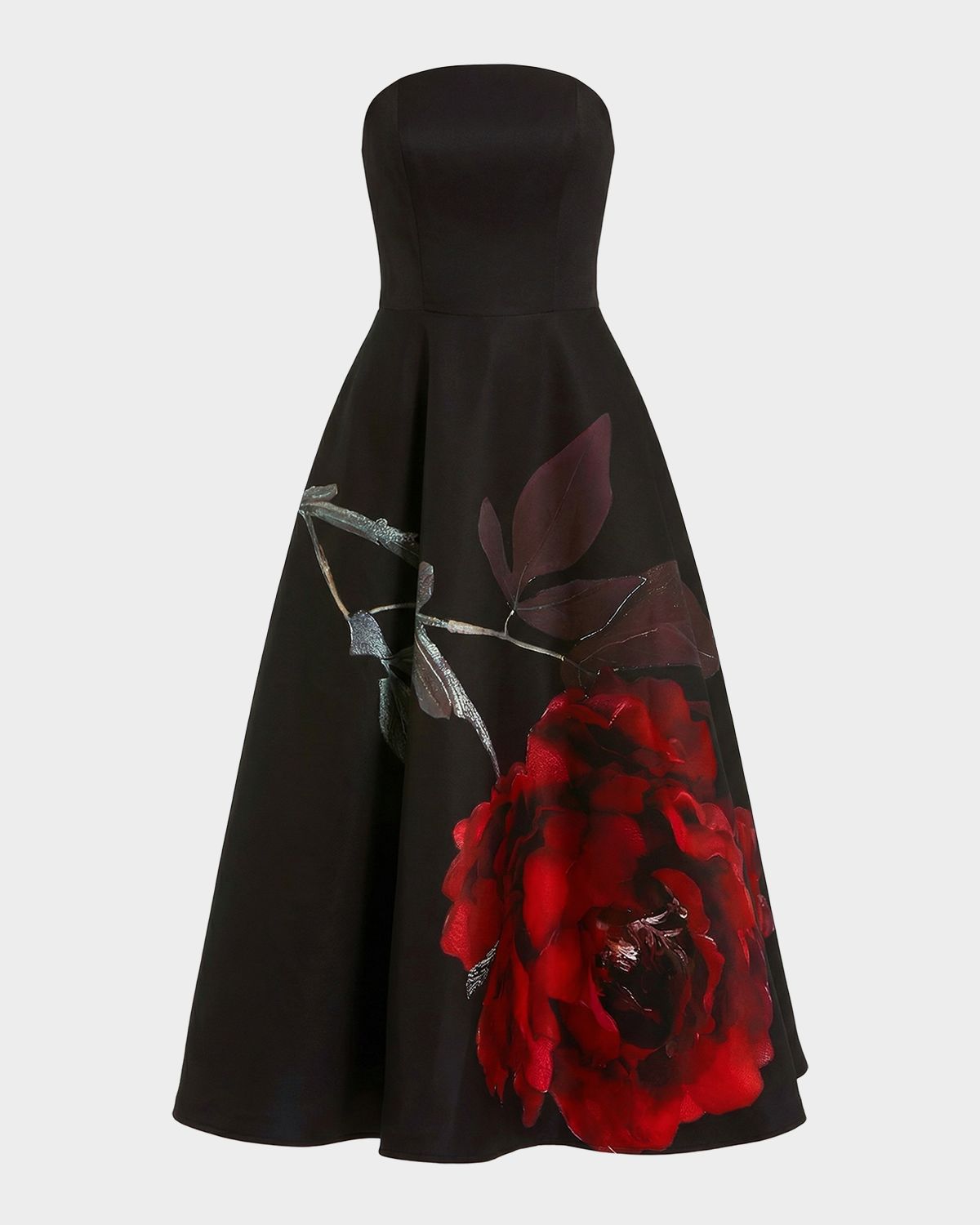 Mac Duggal Strapless Floral-Print Satin Midi Dress