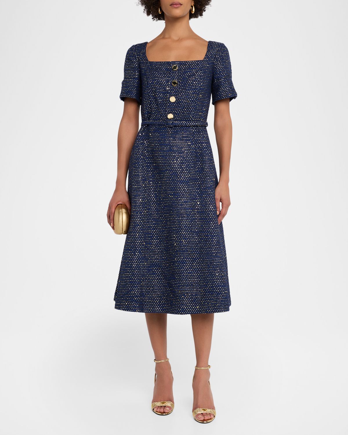 Carolina Herrera Metallic Tweed Button-Front Belted Midi Dress