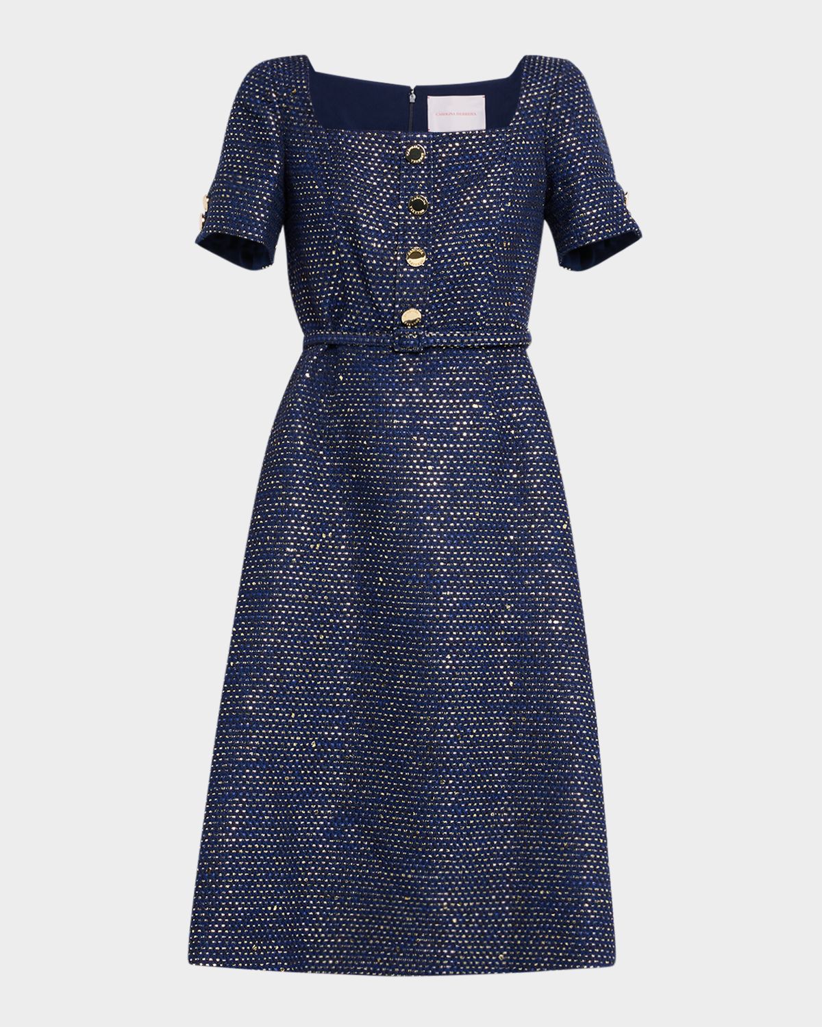 Carolina Herrera Metallic Tweed Button-Front Belted Midi Dress