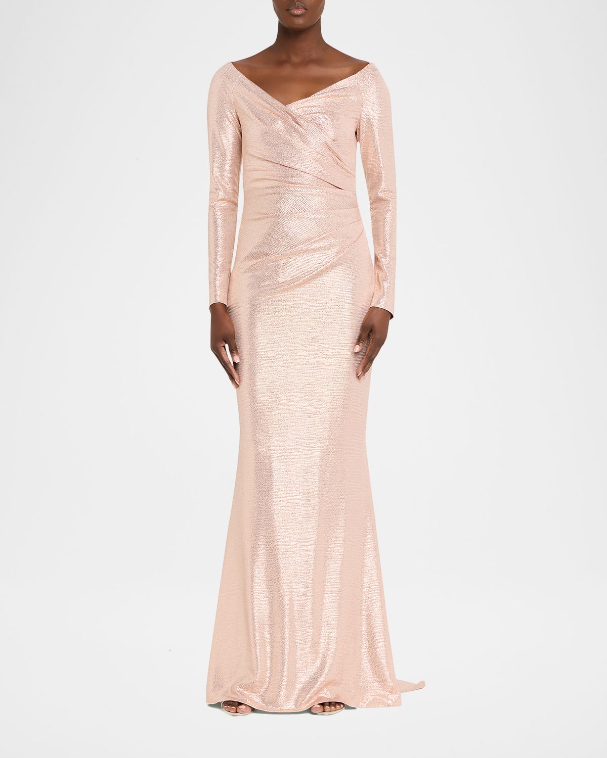 Talbot Runhof Metallic Draped Off-The-Shoulder Long-Sleeve Gown