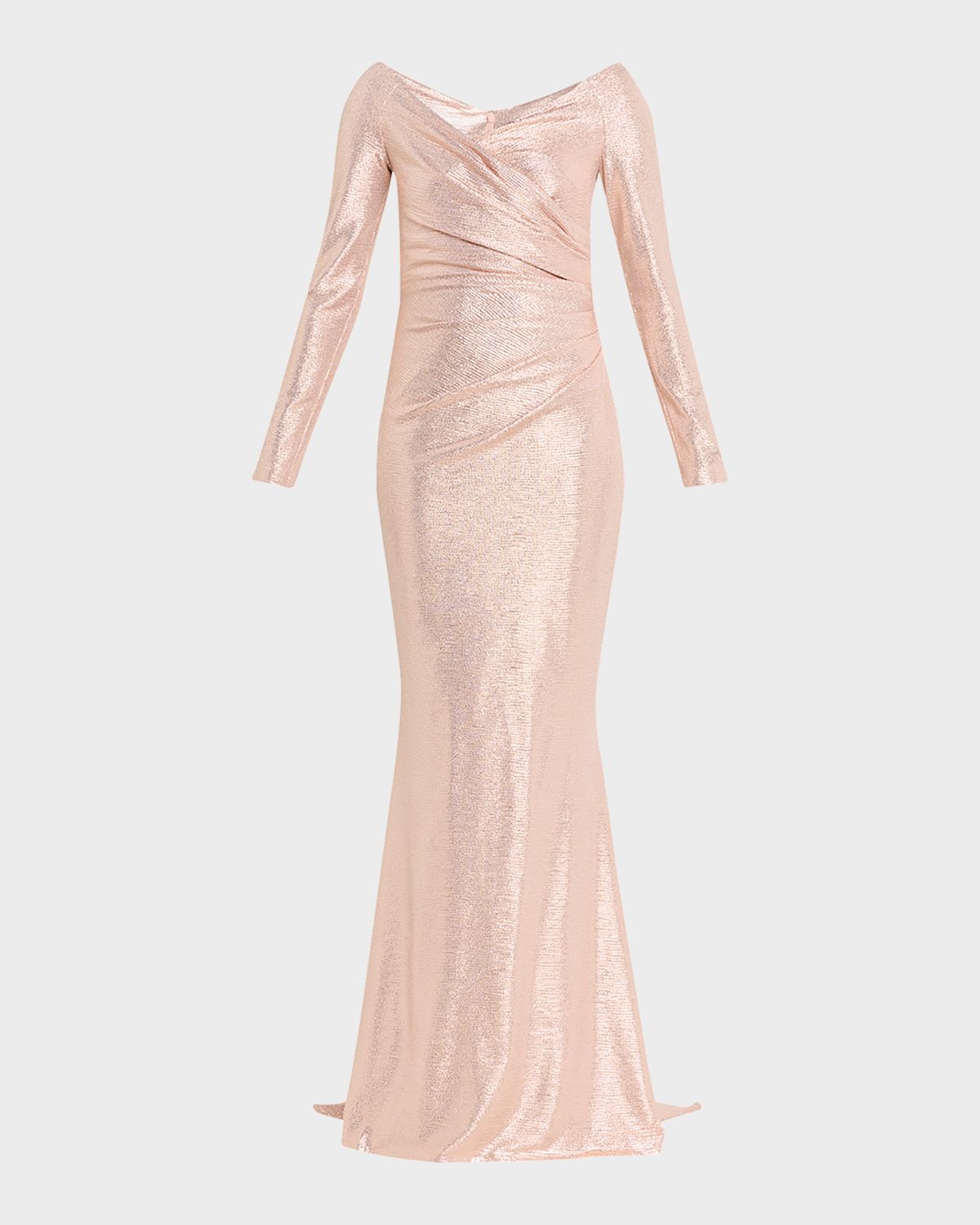Talbot Runhof Metallic Draped Off-The-Shoulder Long-Sleeve Gown
