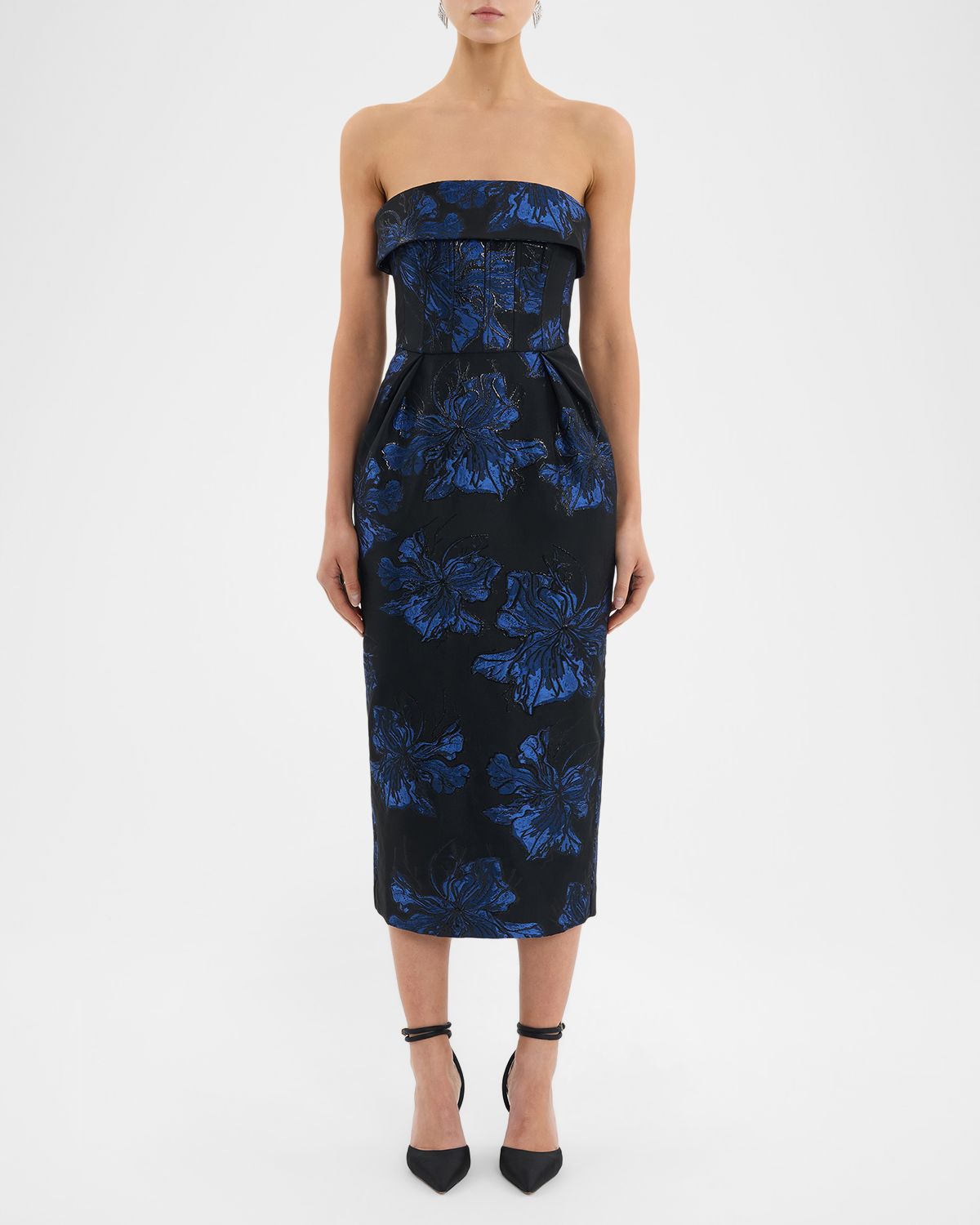 REBECCA VALLANCE Alexandra Strapless Floral Brocade Midi Dress
