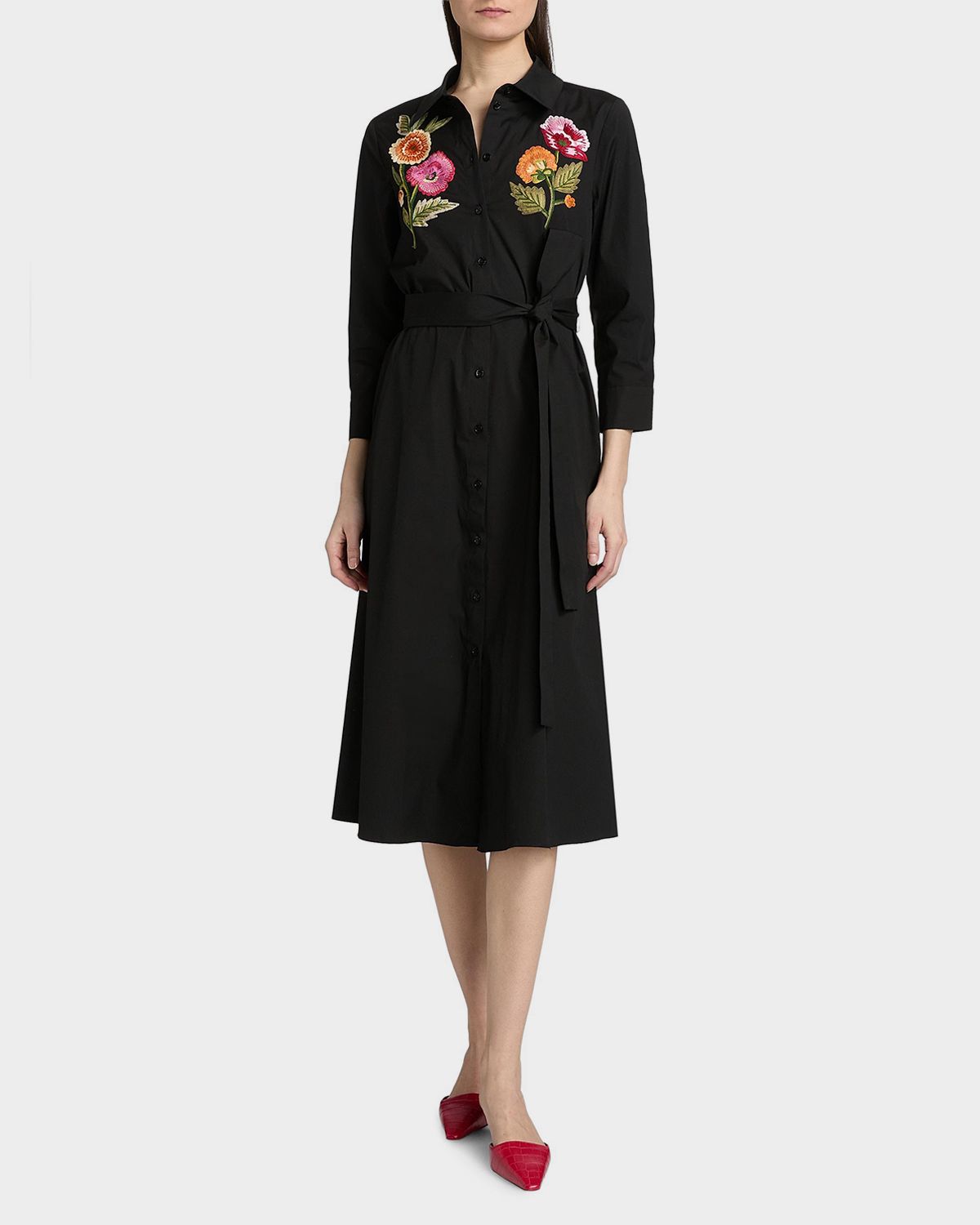 Carolina Herrera Floral Embroidered 3/4-Sleeve Midi Shirtdress