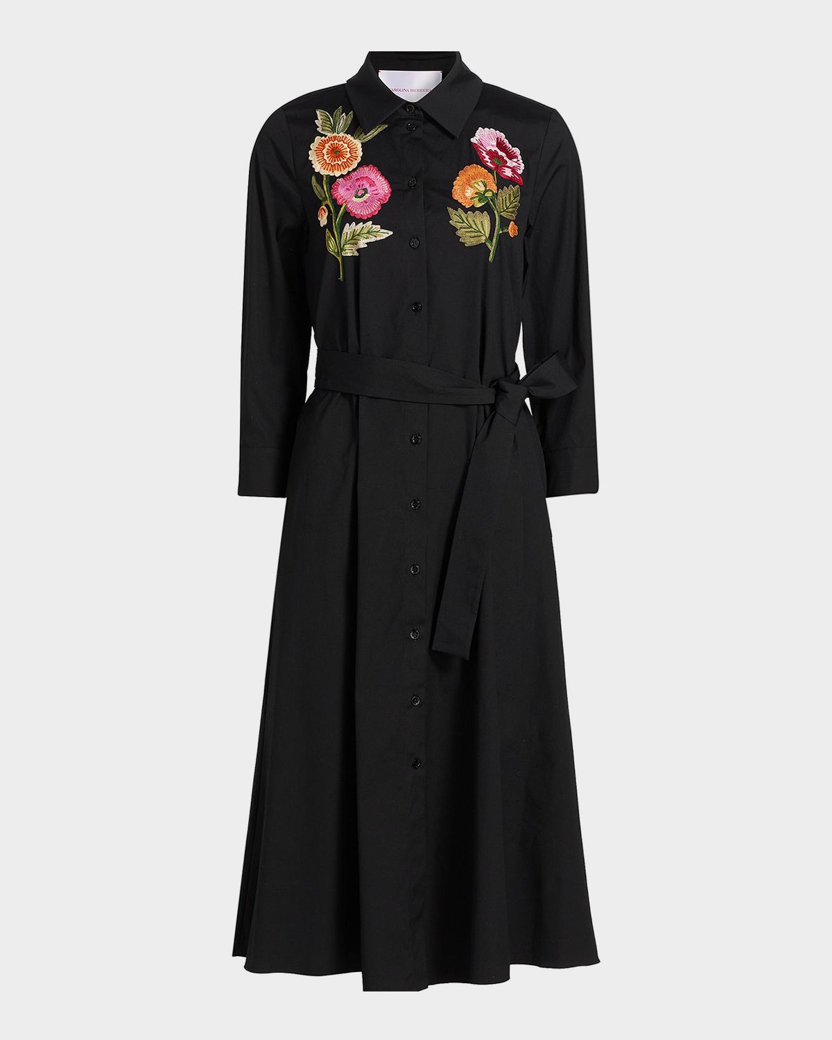 Carolina Herrera Floral Embroidered 3/4-Sleeve Midi Shirtdress