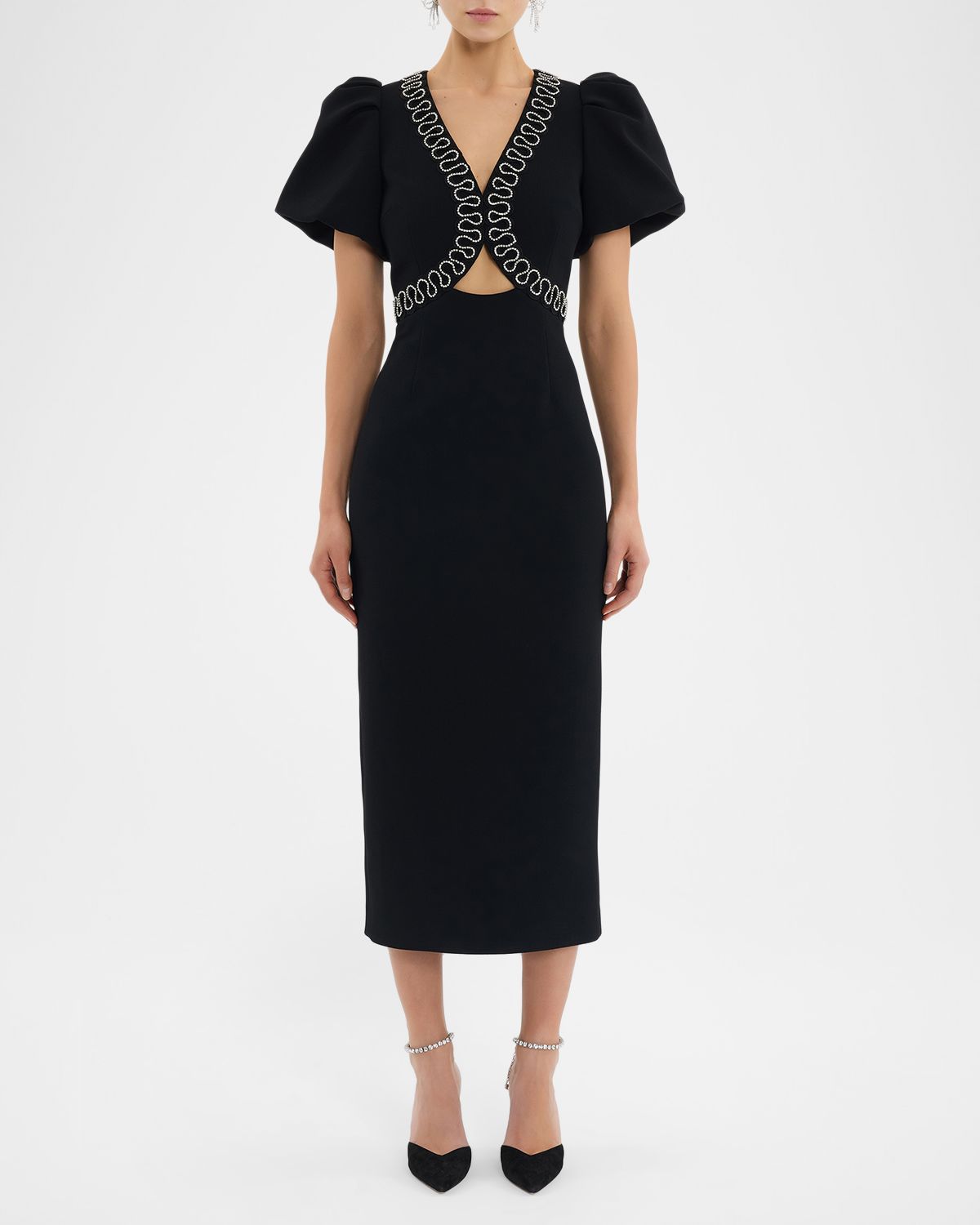 REBECCA VALLANCE Nyx Puff-Sleeve Diamante Cutout Midi Dress