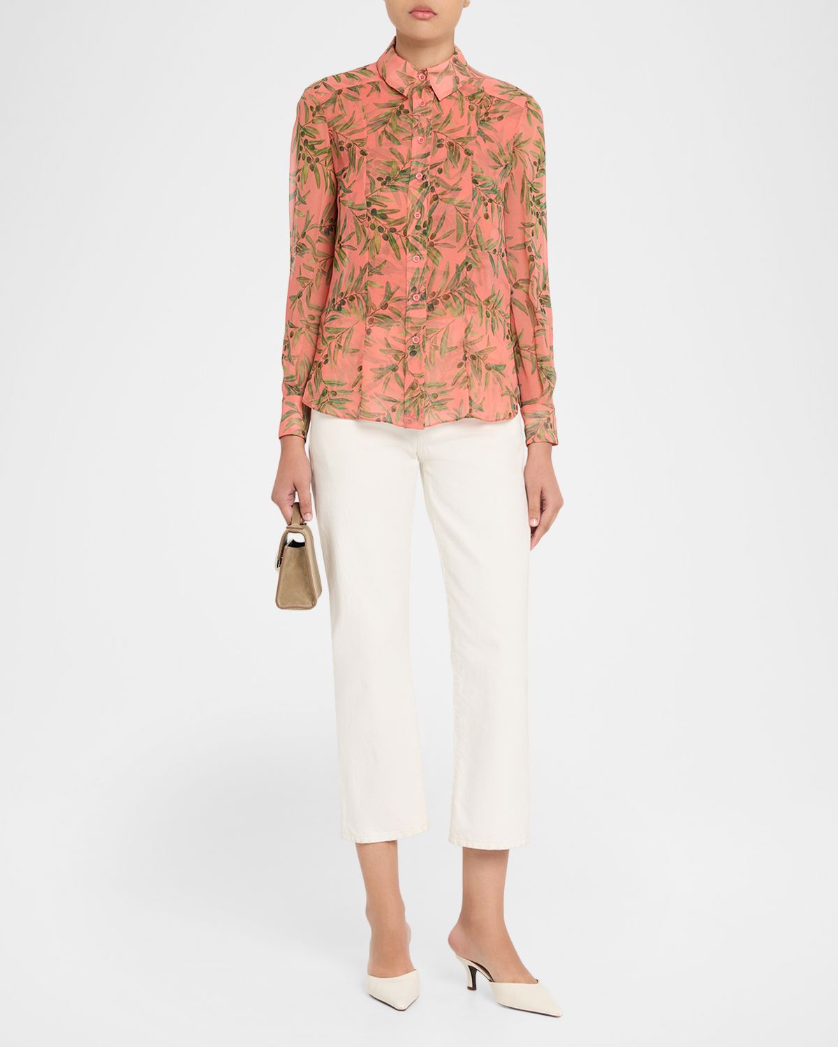 Carolina Herrera Olive Branch Silk Chiffon Button-Down Shirt