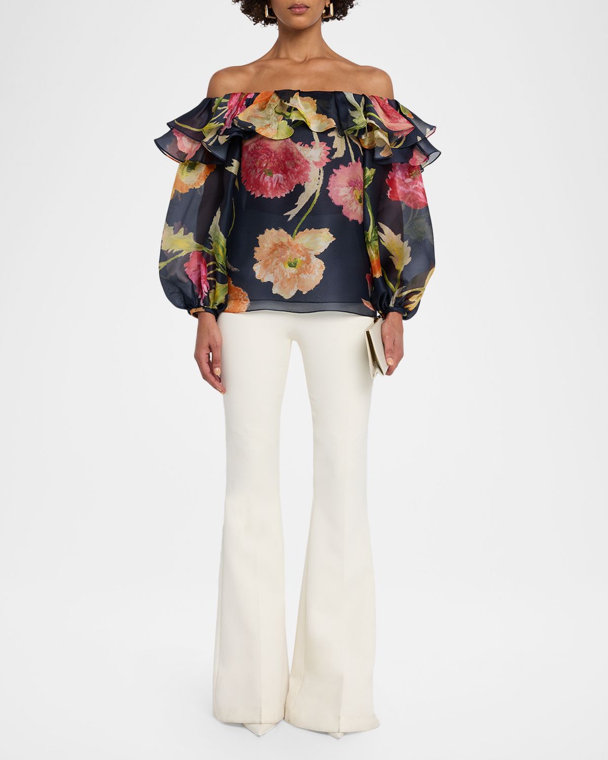 Carolina Herrera Off-The-Shoulder Floral-Print Silk Organza Top