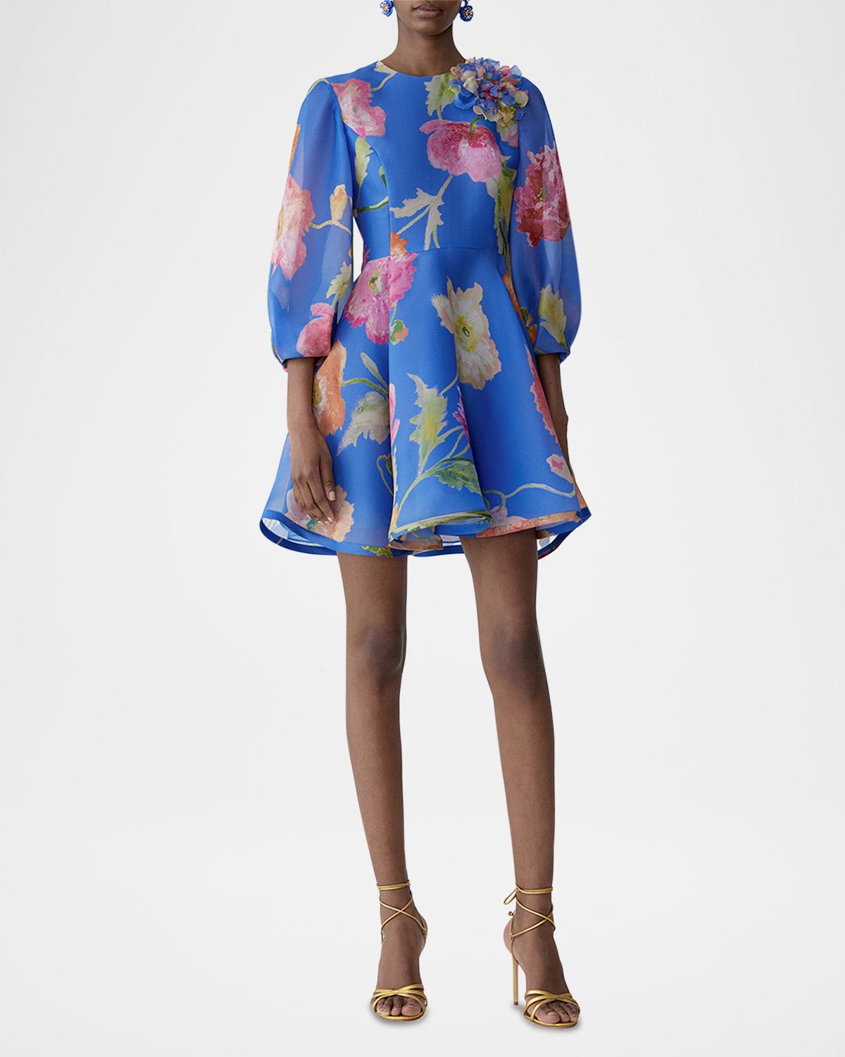 Carolina Herrera Floral Silk Puff-Sleeve Corsage Mini Dress