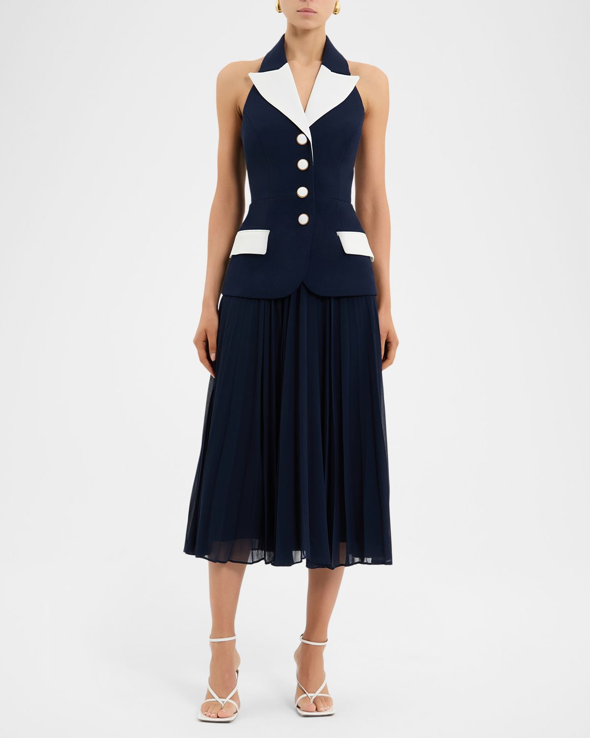 REBECCA VALLANCE Ula Halter Lapel Pleated Midi Dress