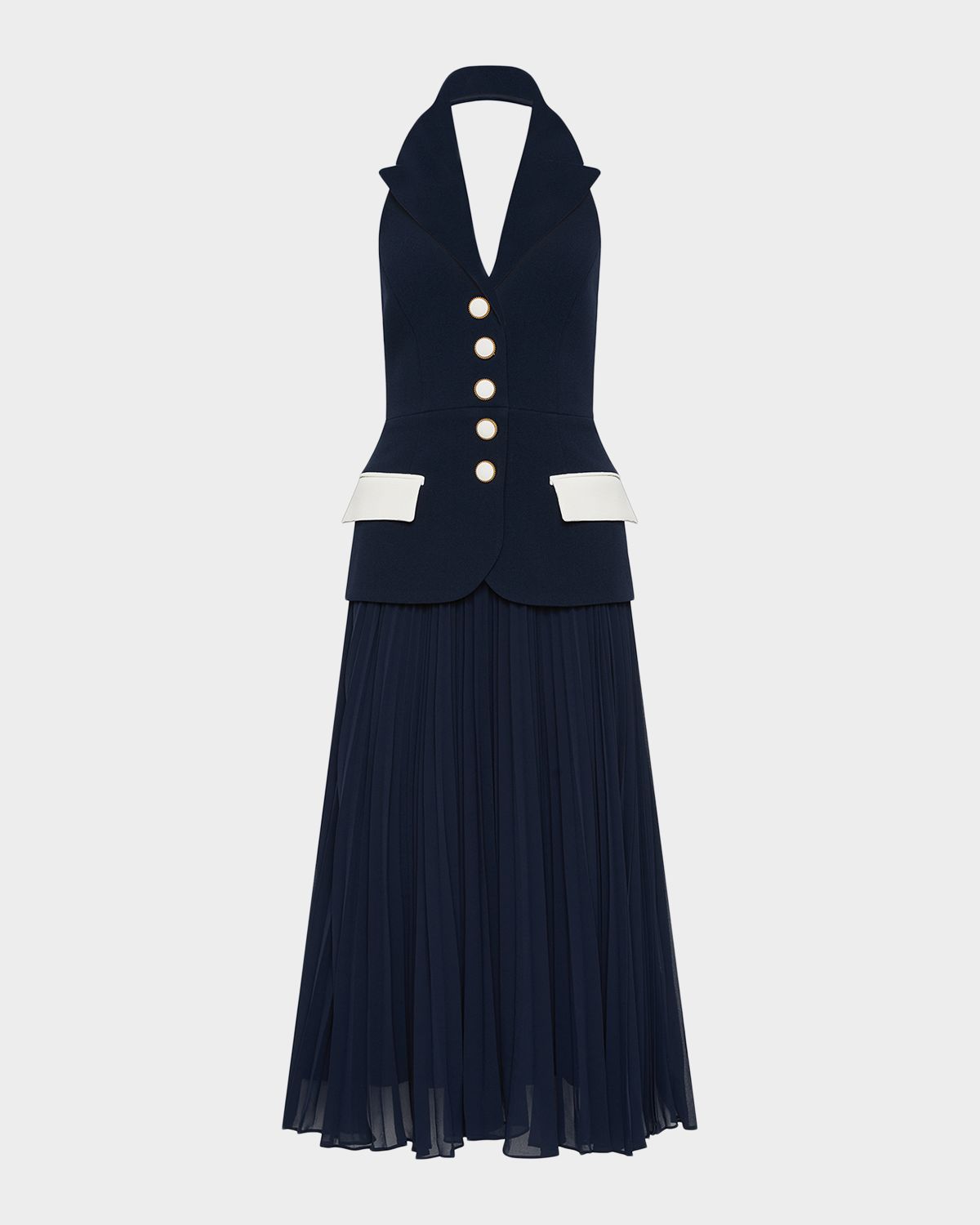 REBECCA VALLANCE Ula Halter Lapel Pleated Midi Dress