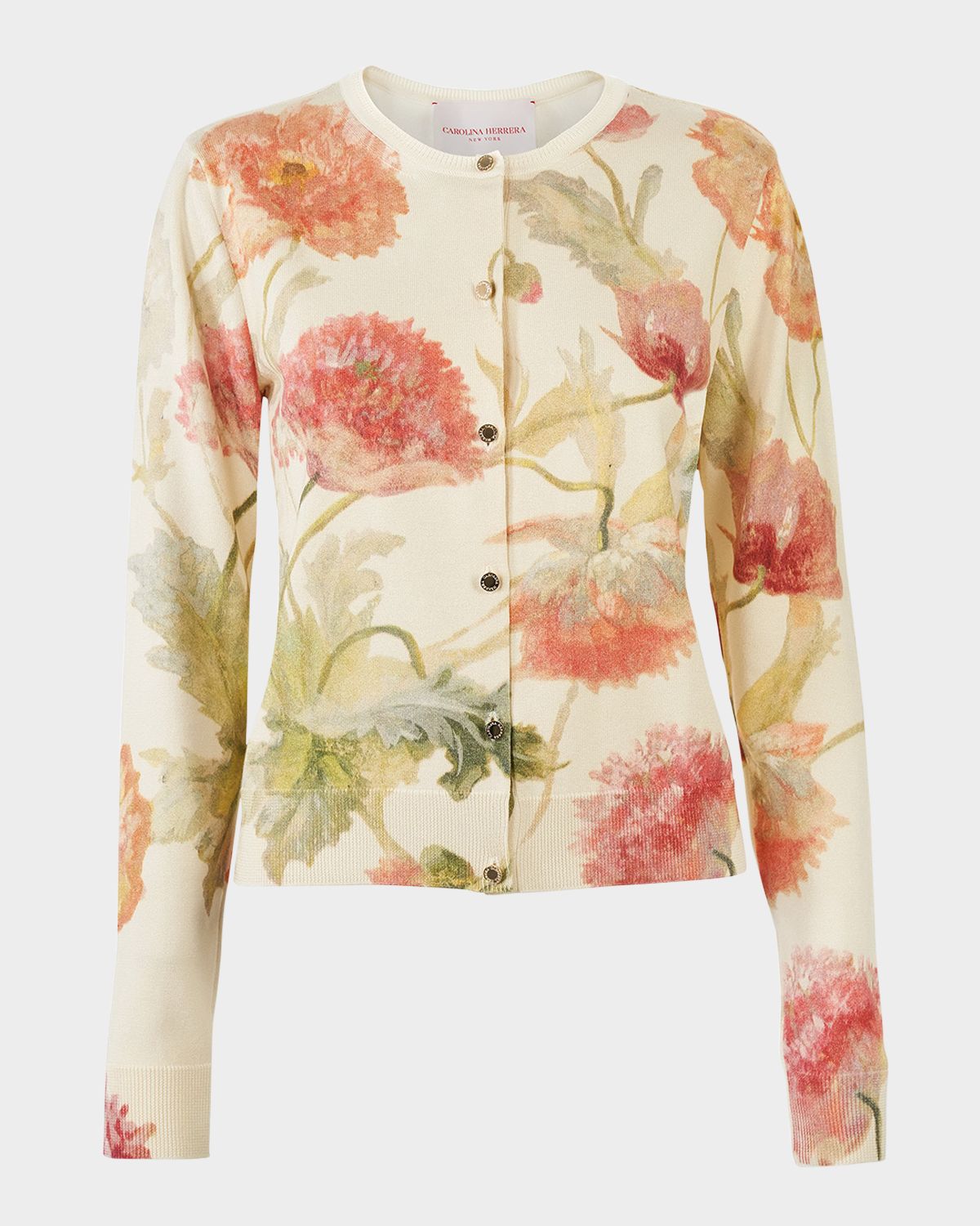 Carolina Herrera Floral-Print Silk-Cotton Crewneck Cardigan
