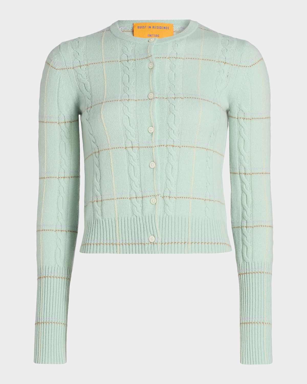 Guest in Residence Jane Plaid Cable-Knit Crewneck Cardigan