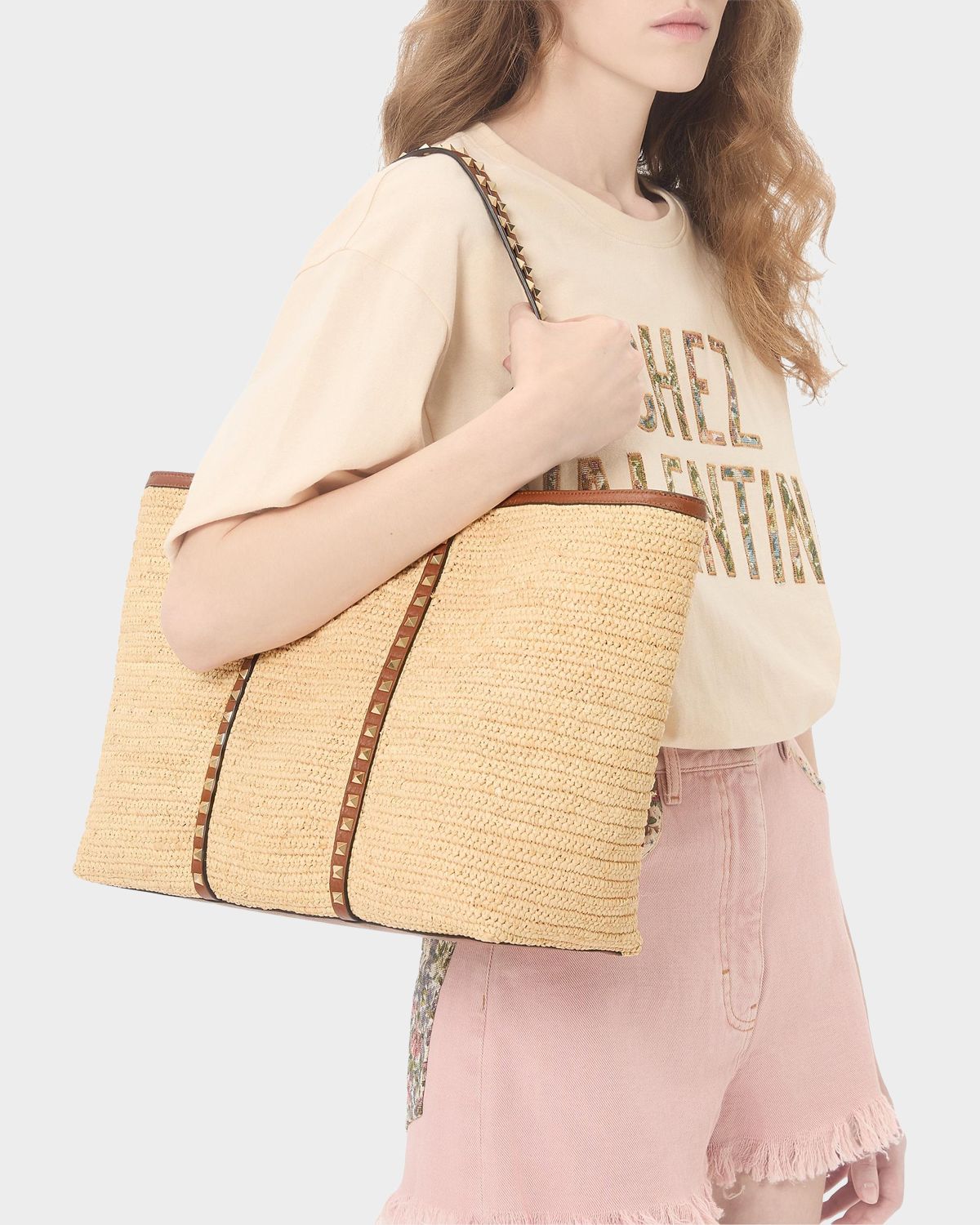 Valentino Garavani Rockstud Raffia Leather-Trim Tote Bag