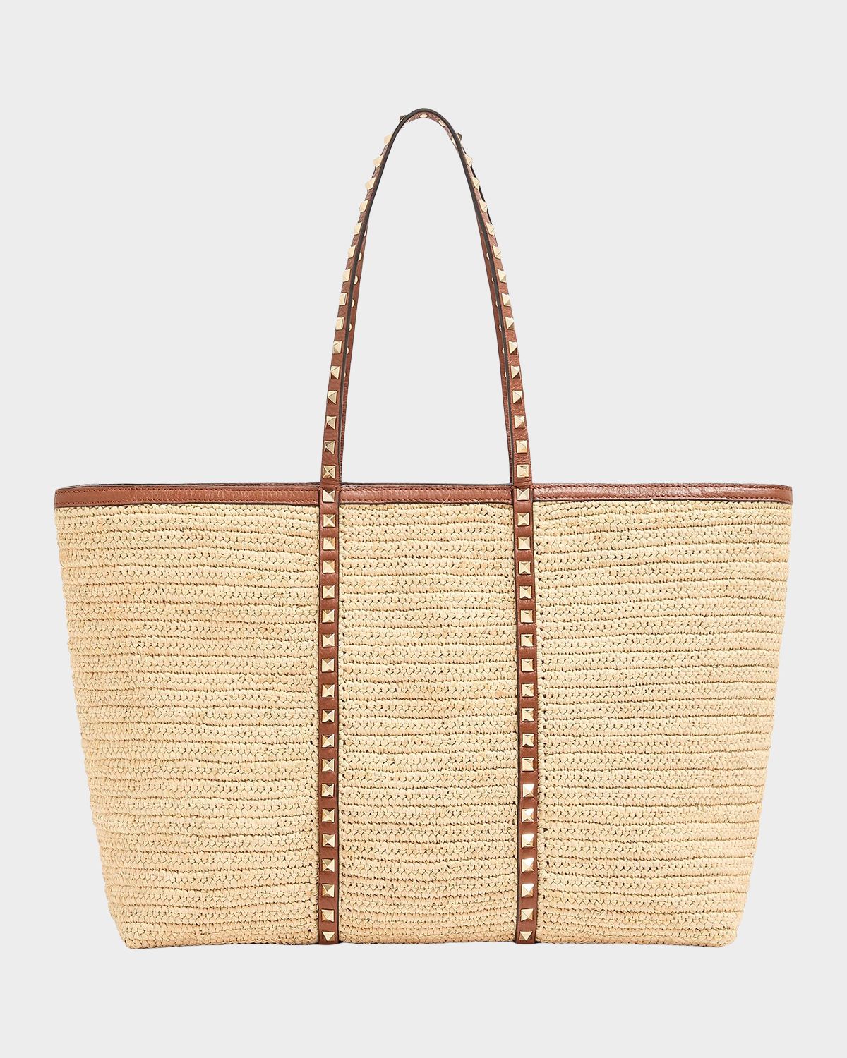 Valentino Garavani Rockstud Raffia Leather-Trim Tote Bag