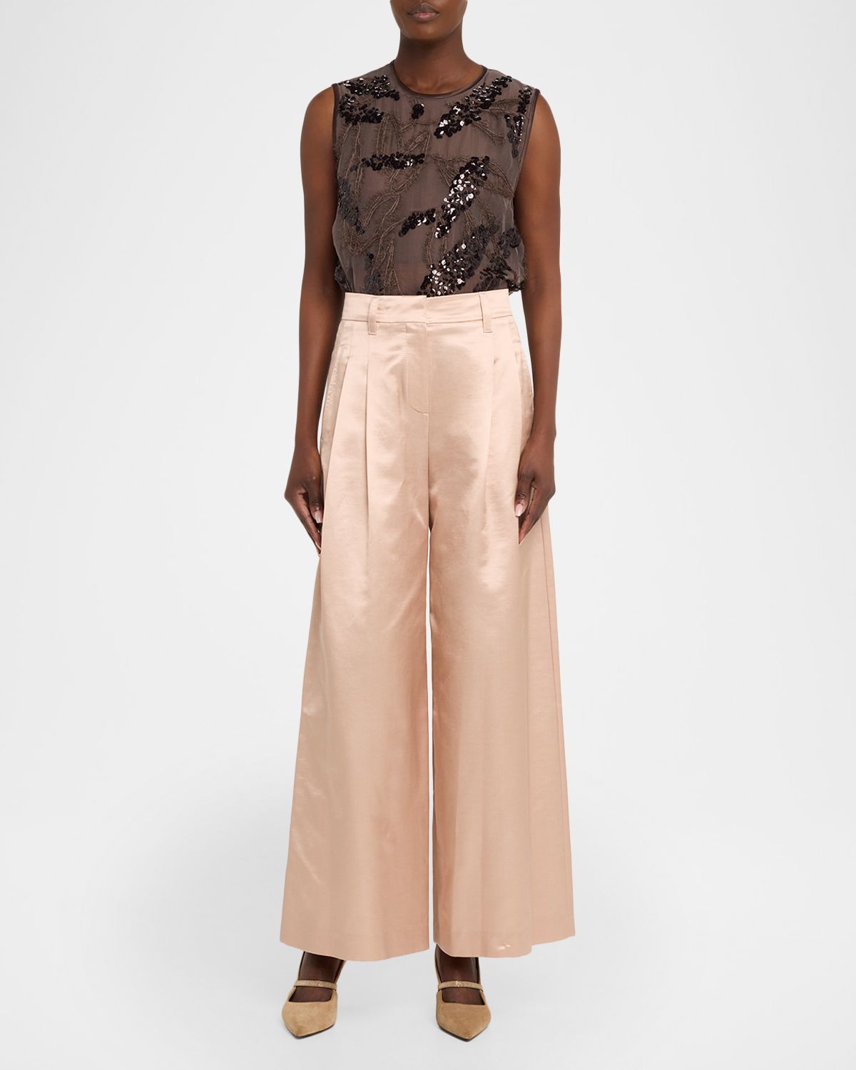 Brunello Cucinelli Pleated Cotton-Silk Wide-Leg Pants