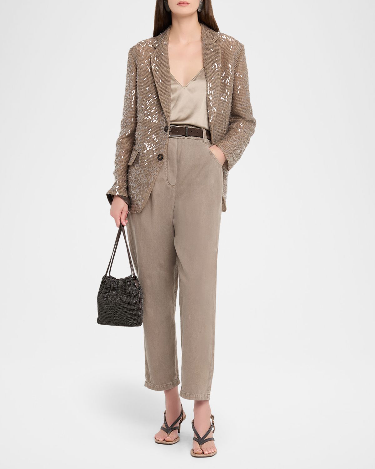 Brunello Cucinelli Dazzling Embroidered Crispy Silk Single-Breasted Blazer