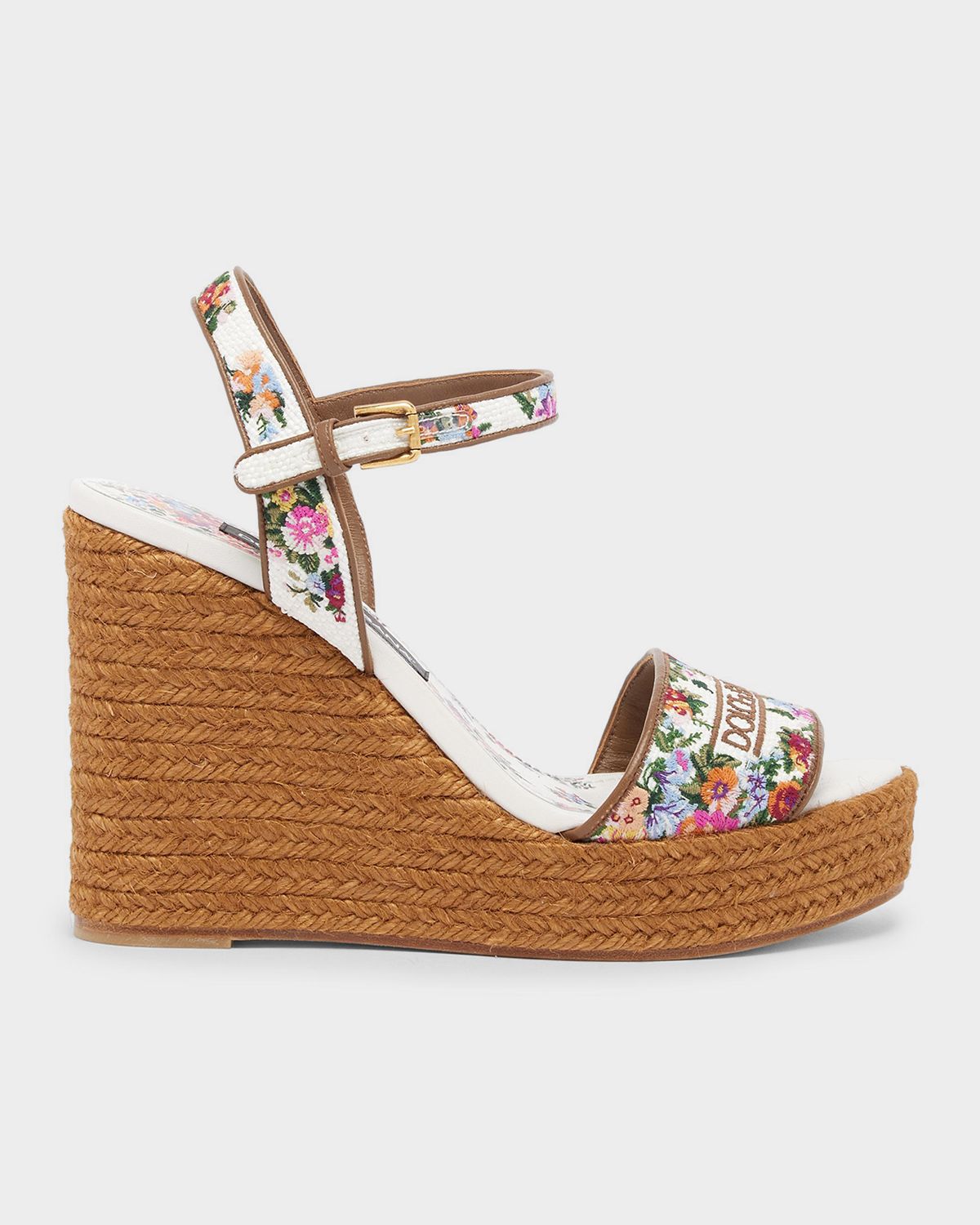 Dolce & Gabbana 90mm Floral Logo-Embroidered Espadrille Wedge Sandals