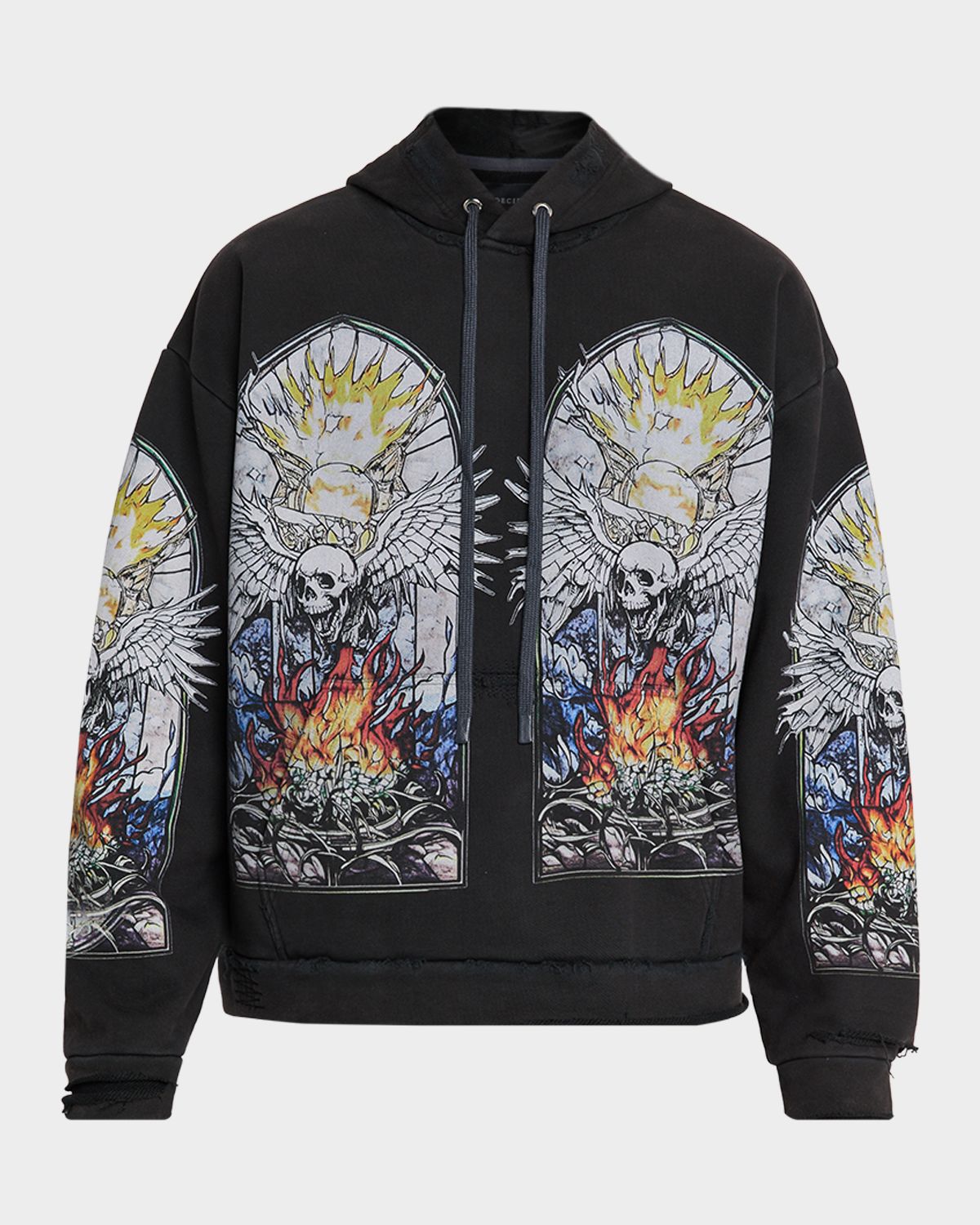WHO DECIDES WAR Men 's Skull Hooded Pullover in Distressed Cotton