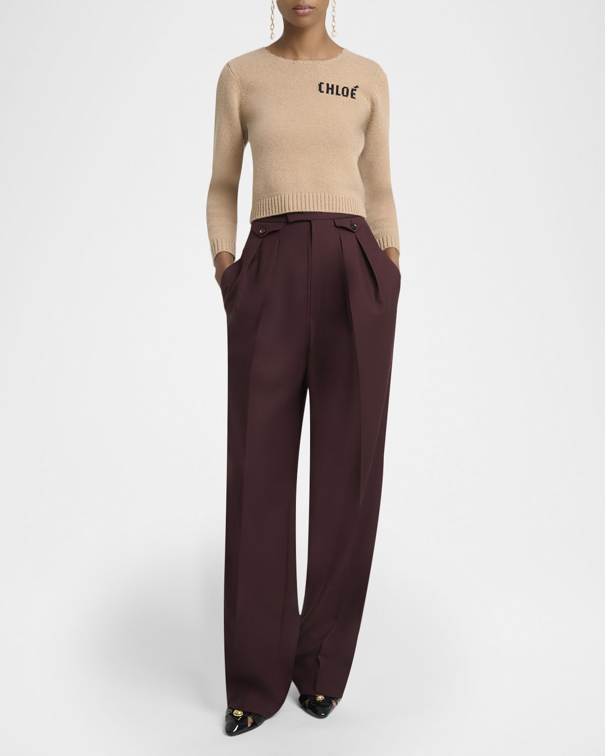 Chloe Logo Wool-Cashmere Crewneck Crop Sweater