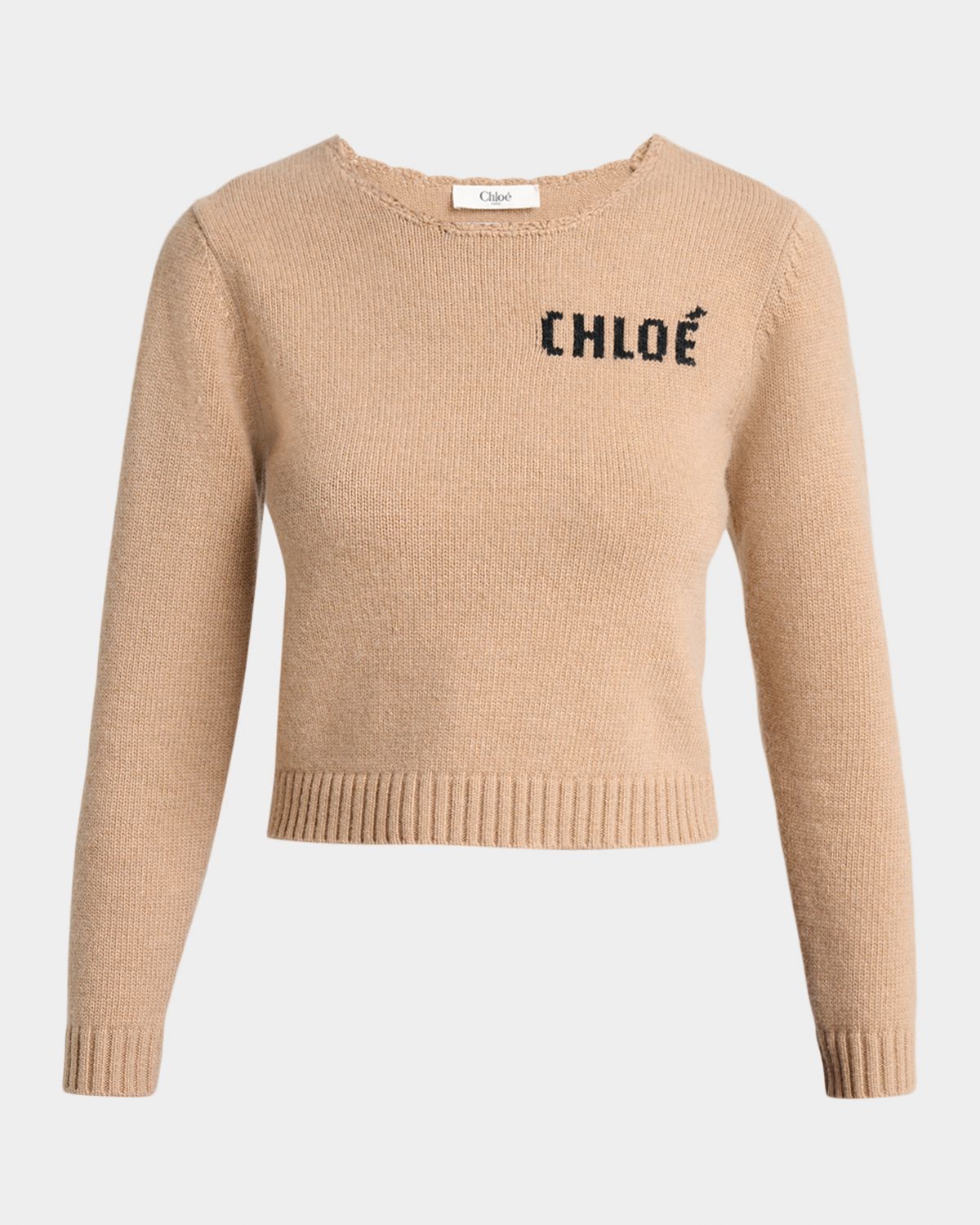 Chloe Logo Wool-Cashmere Crewneck Crop Sweater