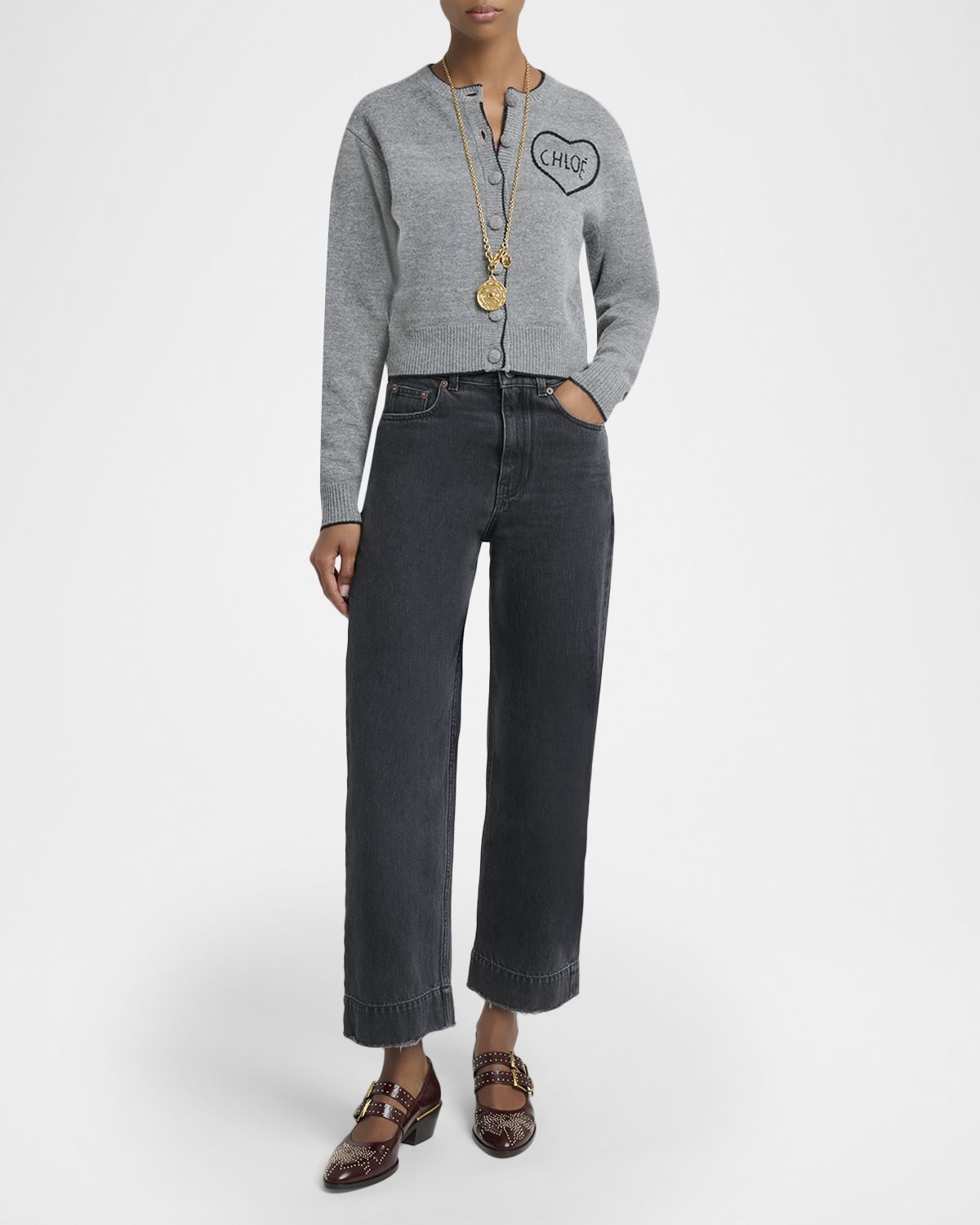 Chloe Logo Heart Wool-Cashmere Crewneck Cardigan