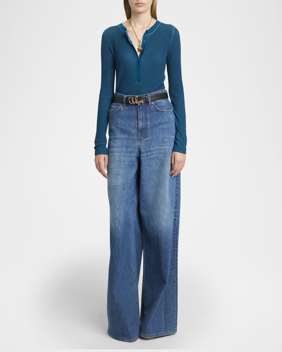 Chloe Ribbed Knit Long-Sleeve Henley Sweater