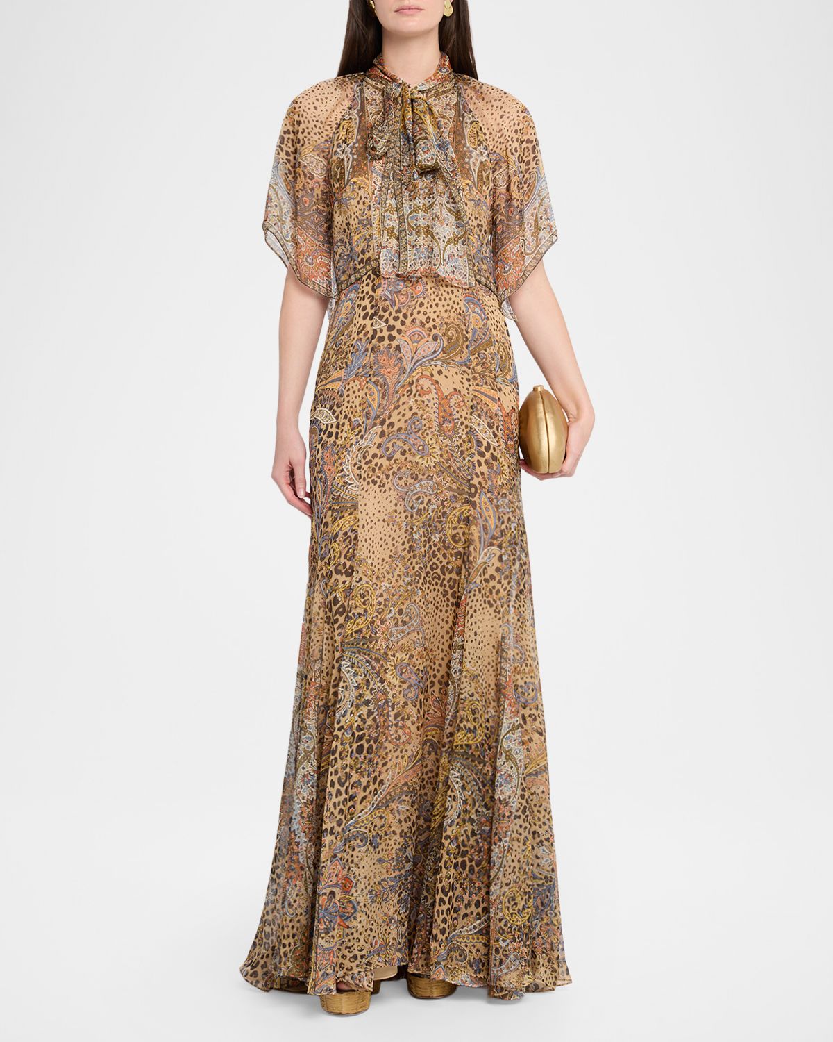 Etro Paisley Animal-Print Silk Chiffon Neck-Scarf Maxi Dress