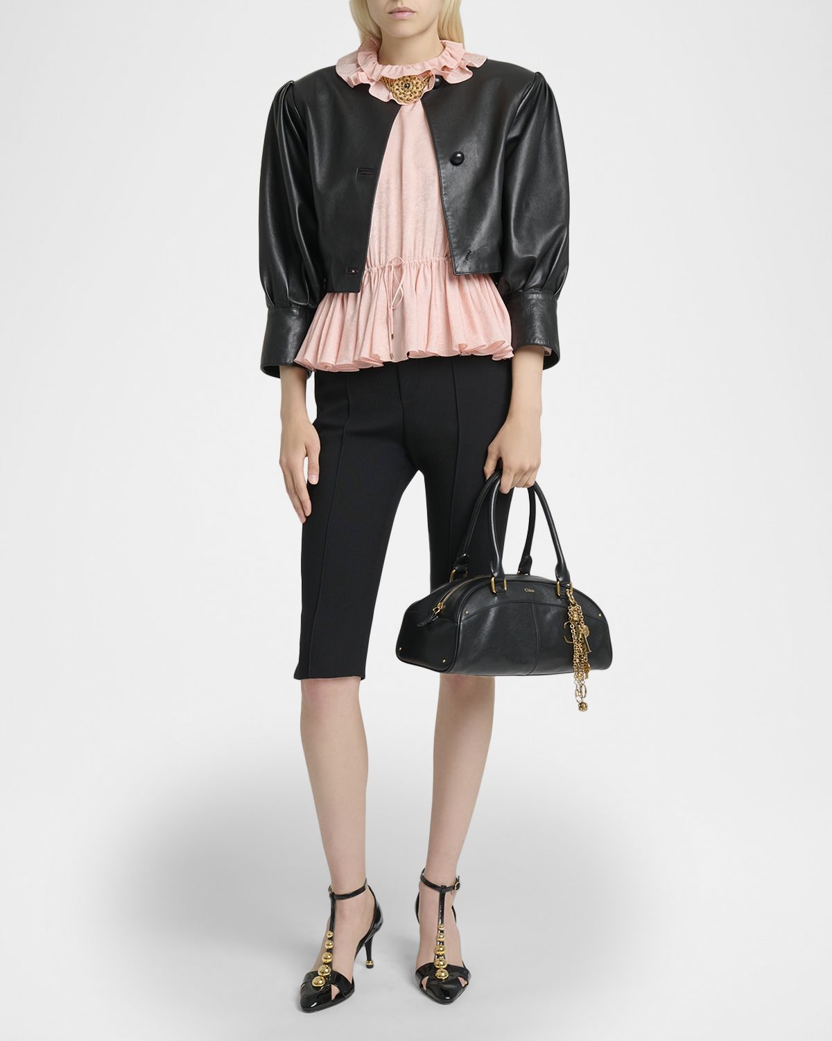 Chloe Leather Puff-Sleeve Crop Jacket