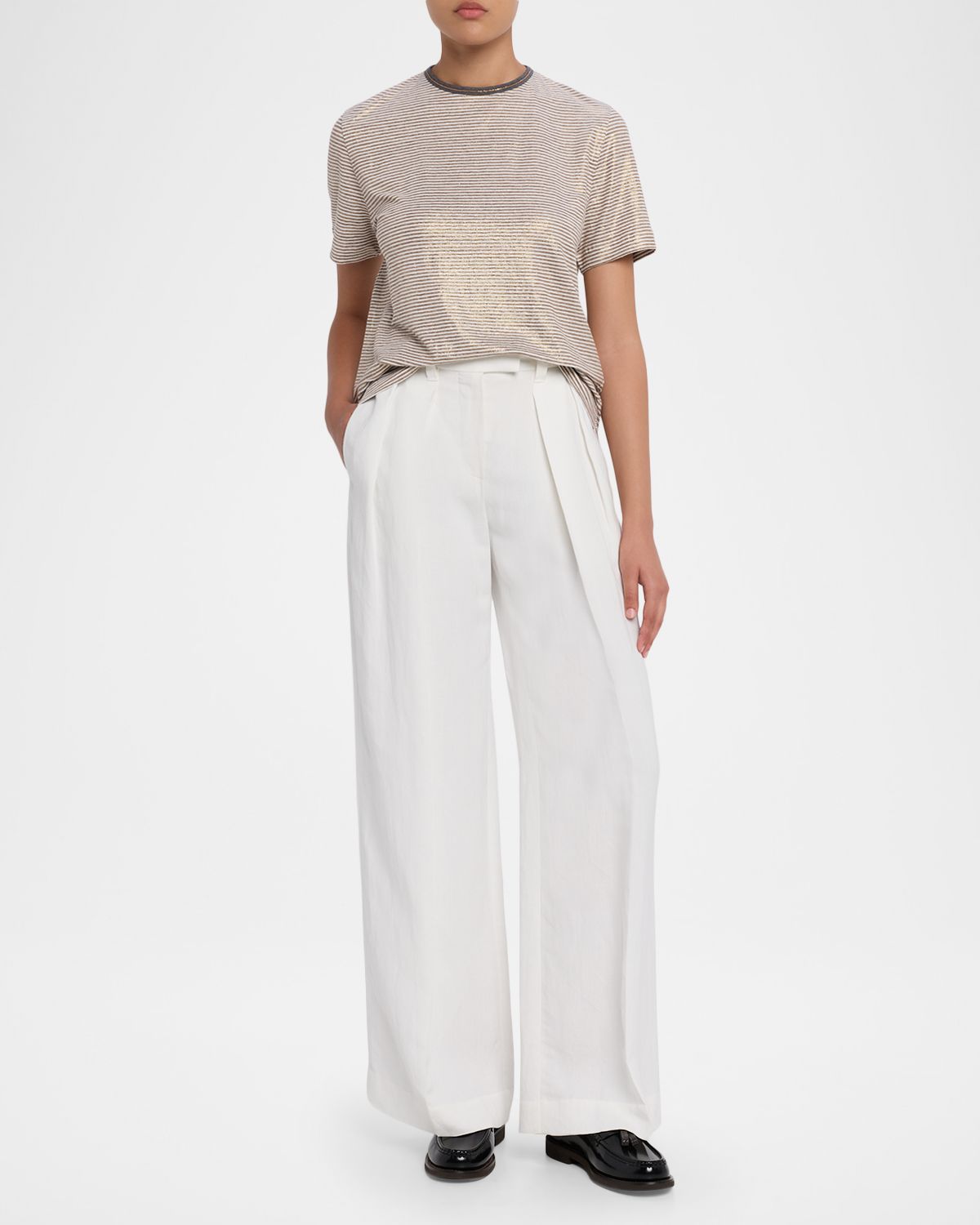 Brunello Cucinelli Shimmering Striped Linen Short-Sleeve T-Shirt