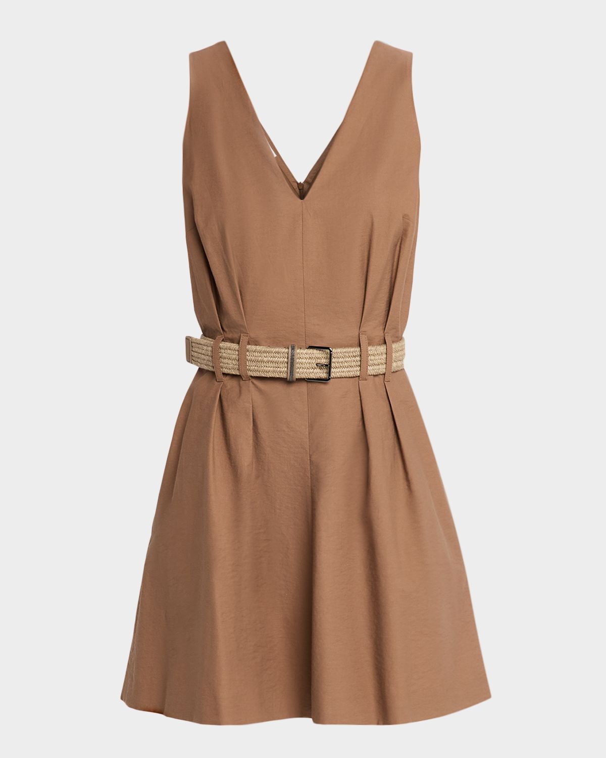 Brunello Cucinelli Crispy Diagonal Cotton Belted Mini Dress