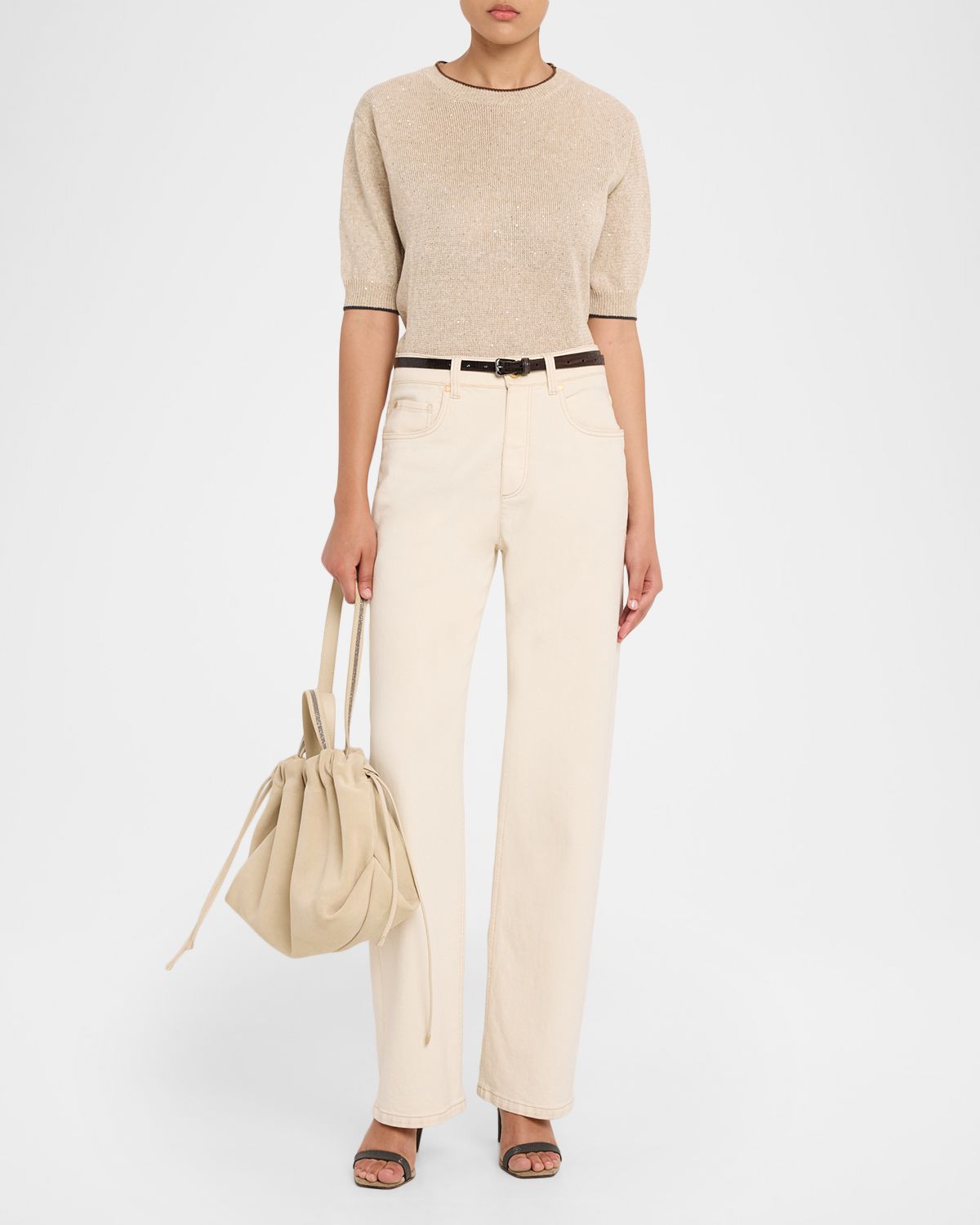 Brunello Cucinelli Linen-Cotton Paillette Short-Sleeve Sweater