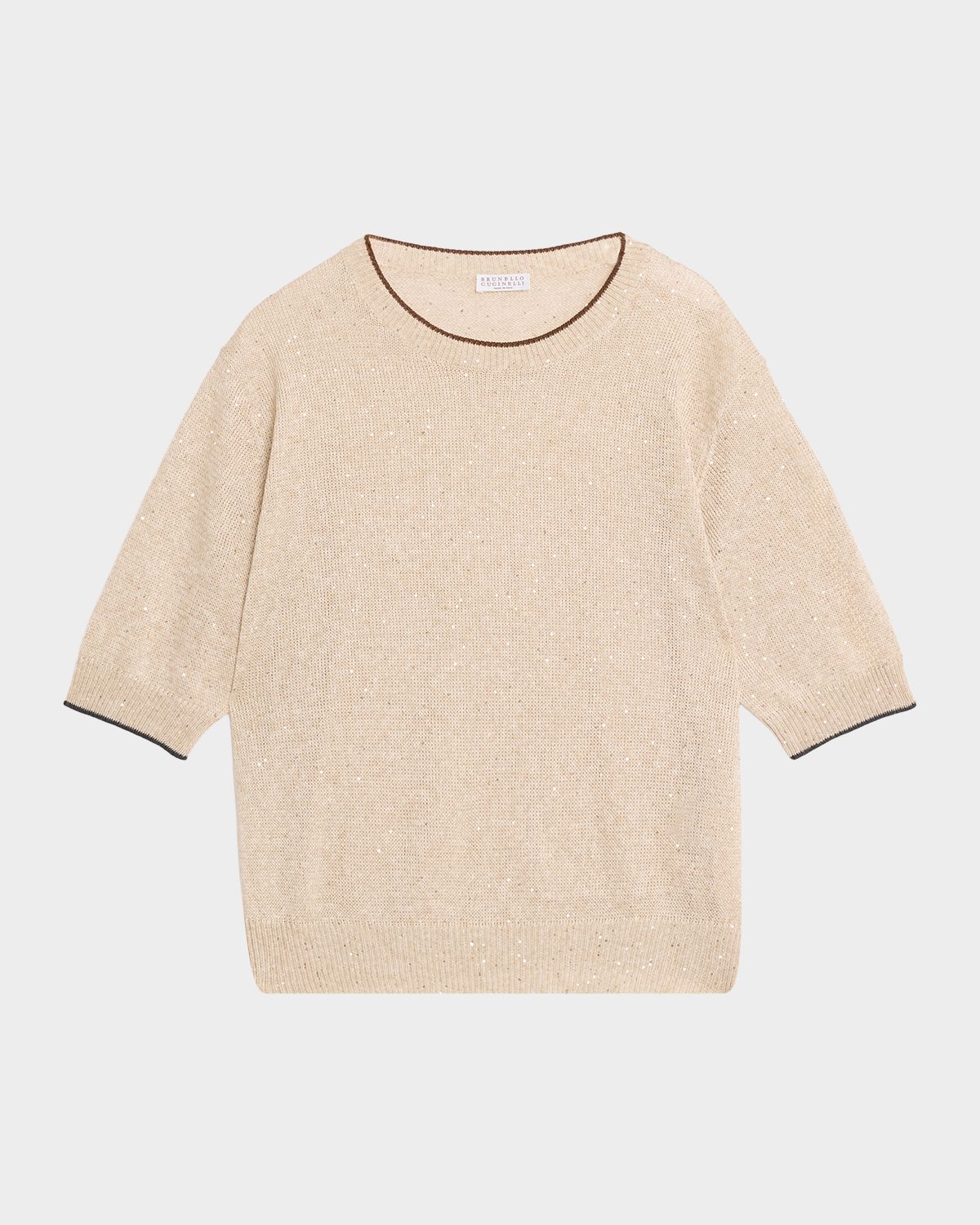 Brunello Cucinelli Linen-Cotton Paillette Short-Sleeve Sweater