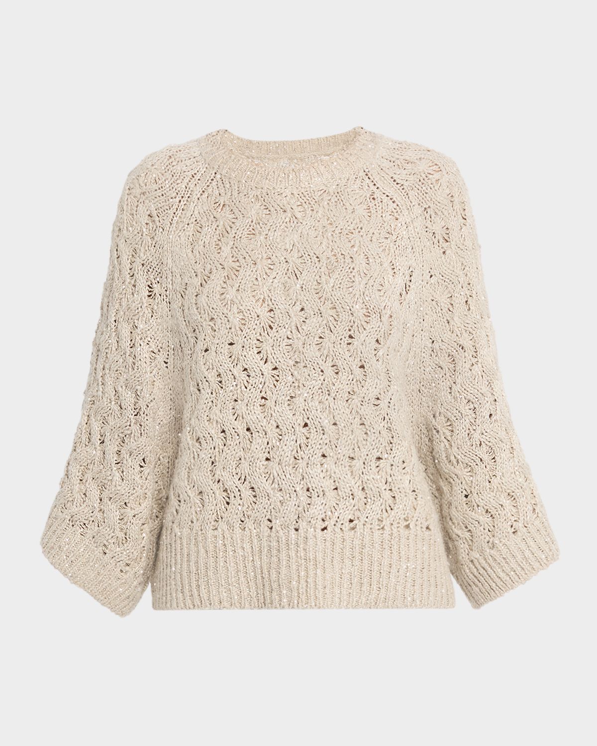 Brunello Cucinelli Linen-Silk Paillette Open Knit Crewneck Sweater