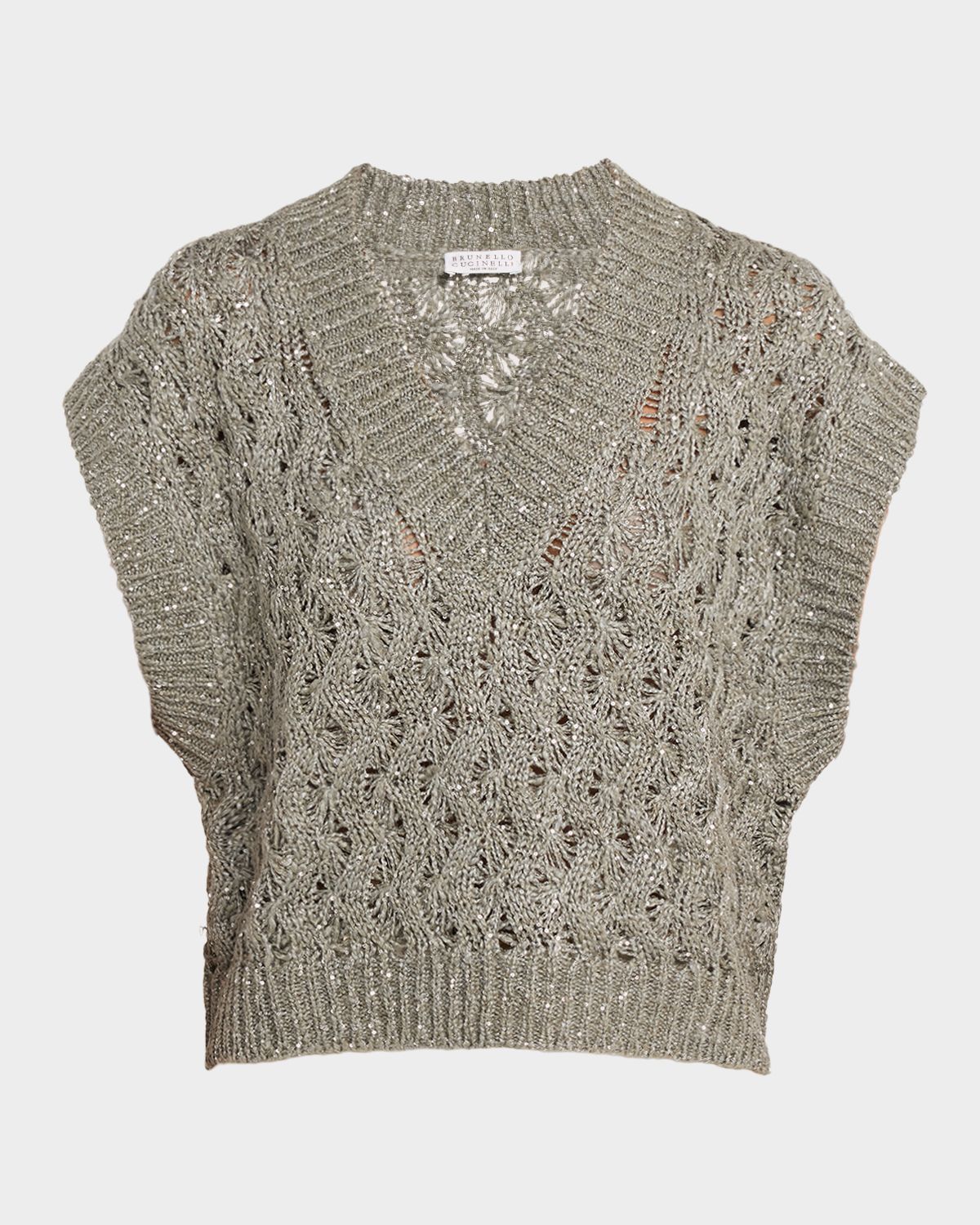 Brunello Cucinelli V-Neck Paillette Open-Knit Vest