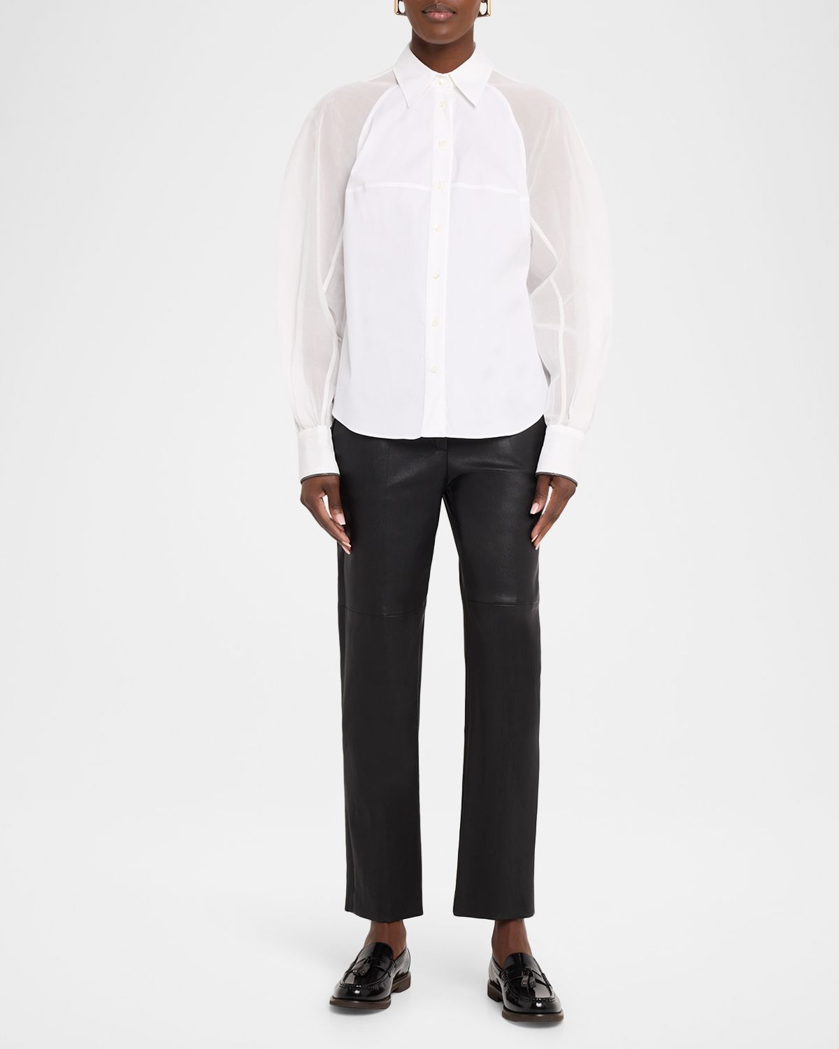 Brunello Cucinelli Poplin Stretch Sheer-Sleeve Button-Down Shirt
