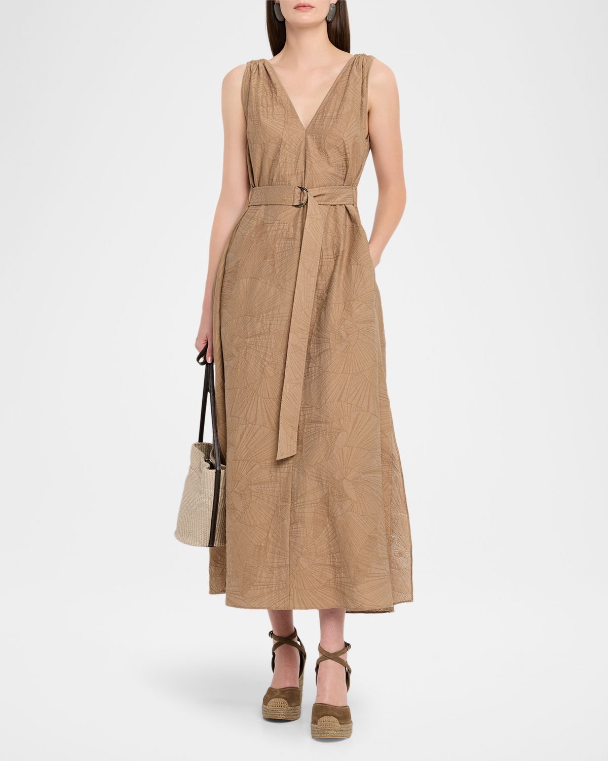 Brunello Cucinelli Sleeveless Cotton Poplin Jacquard Belted Midi Dress