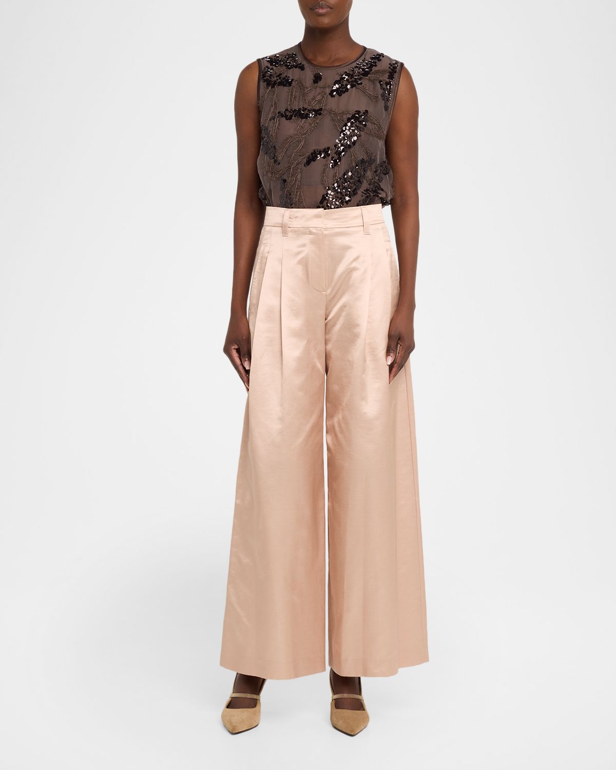 Brunello Cucinelli Sequin Leaf Embroidered Crispy Silk Chiffon Top