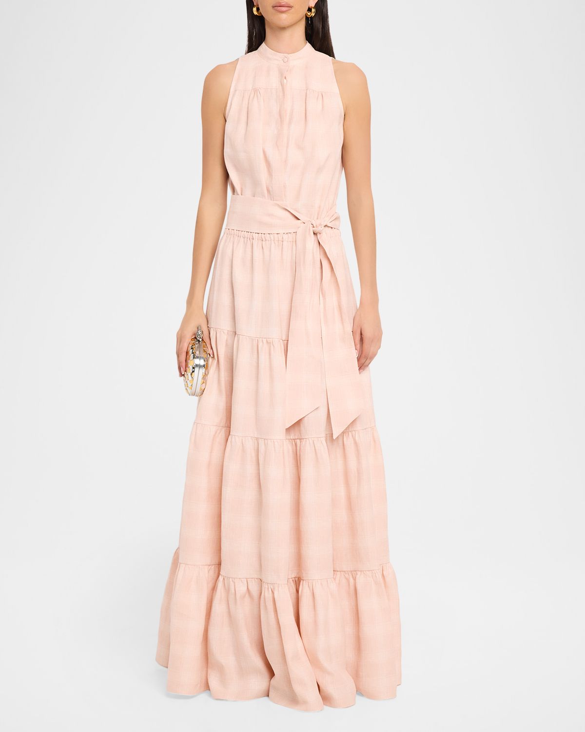Kiton Tiered Check Linen Belted Sleeveless Maxi Dress